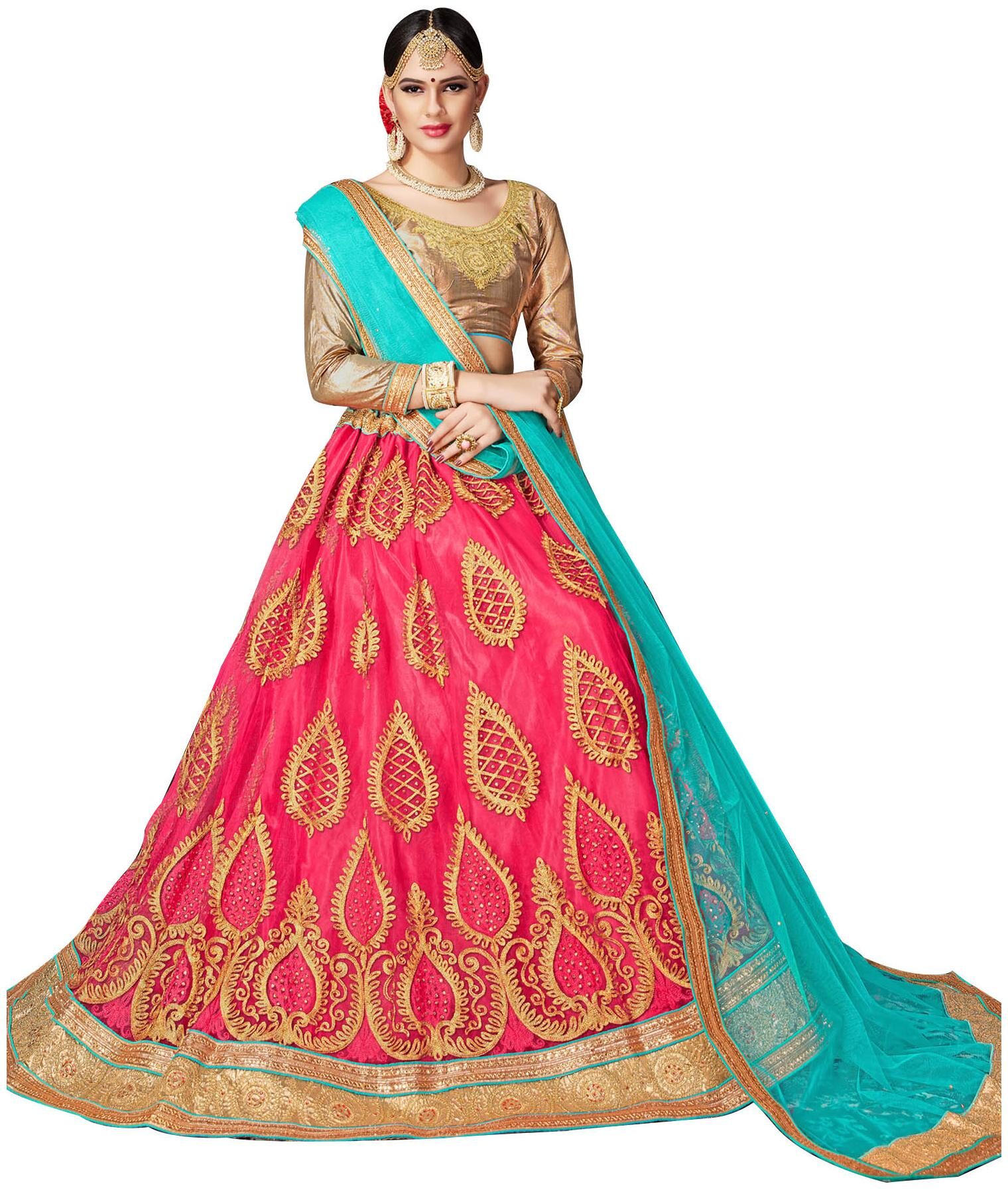 

MANVAA Net Embroidered Semistiched Lehenga Choli With Dupatta Pink