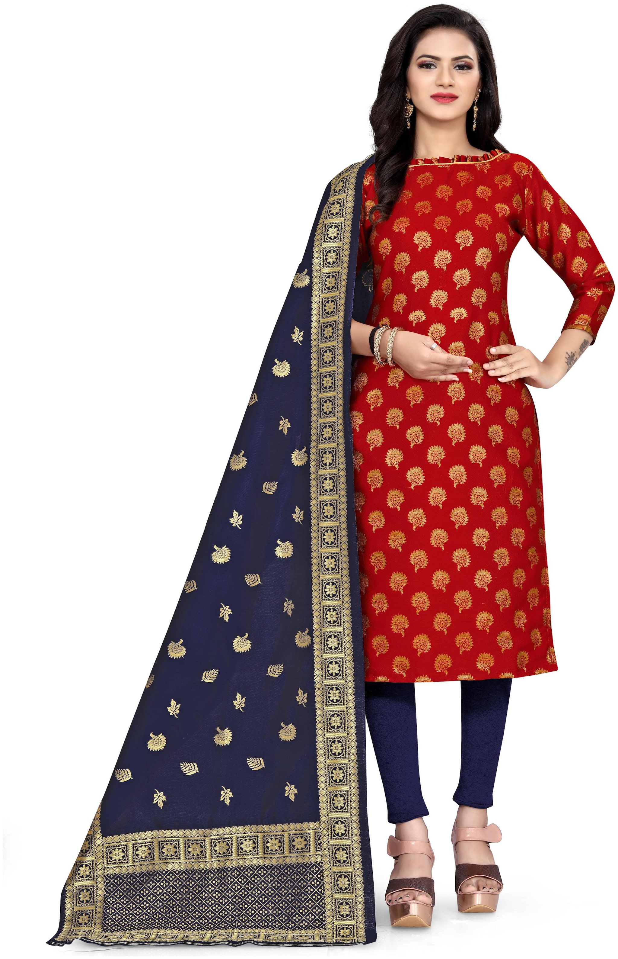 

MANVAA Red Unstitched Kurta with bottom dupatta With dupatta Dress Material