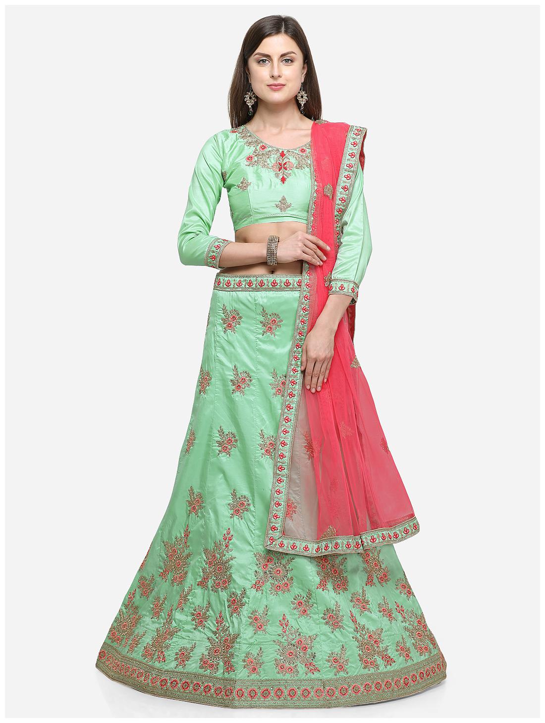 

MANVAA Satin Embroidered Semistiched Lehenga Choli With Dupatta Green