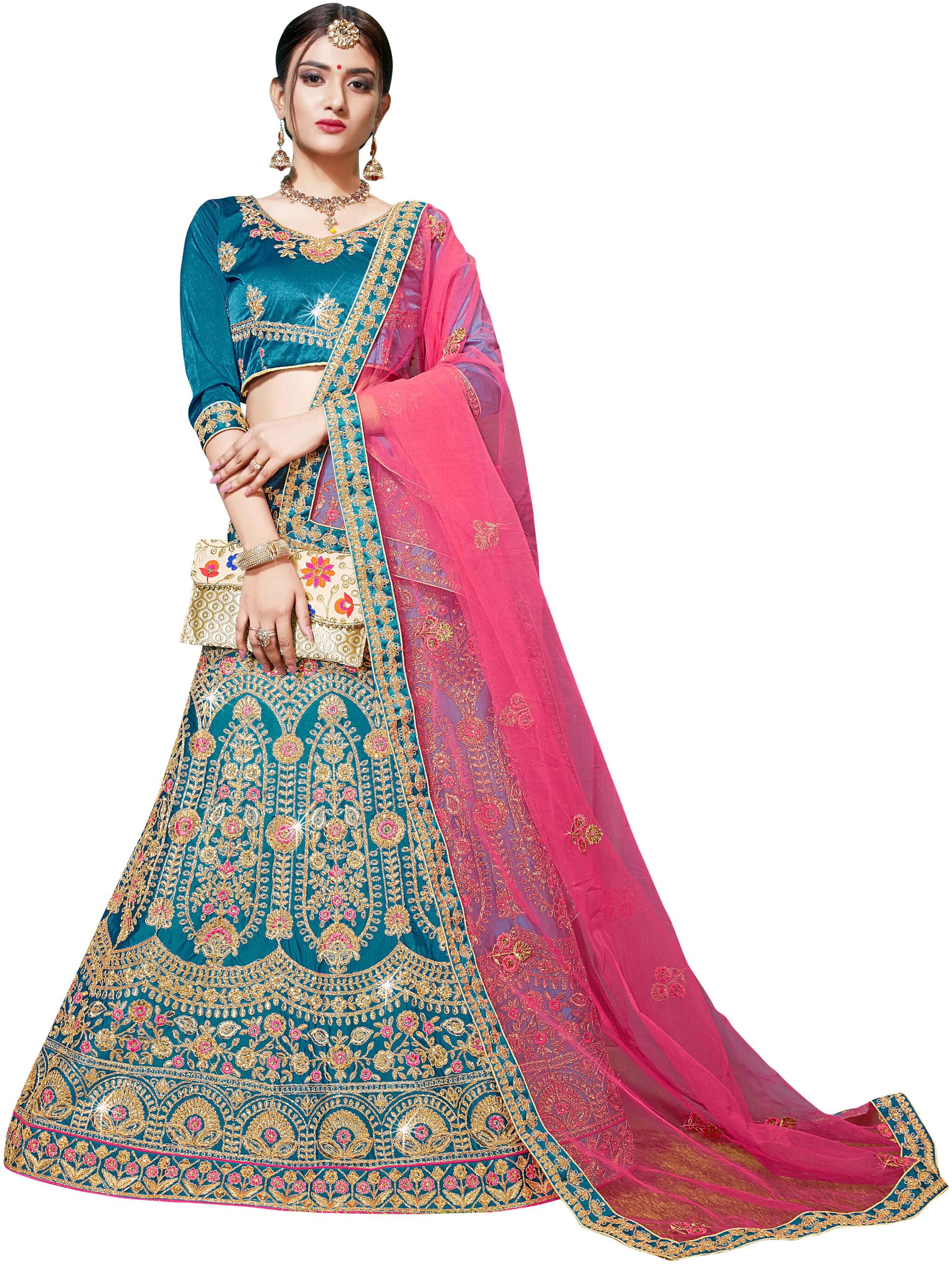 

MANVAA Satin Embroidered Semistiched Lehenga Choli With Dupatta Blue