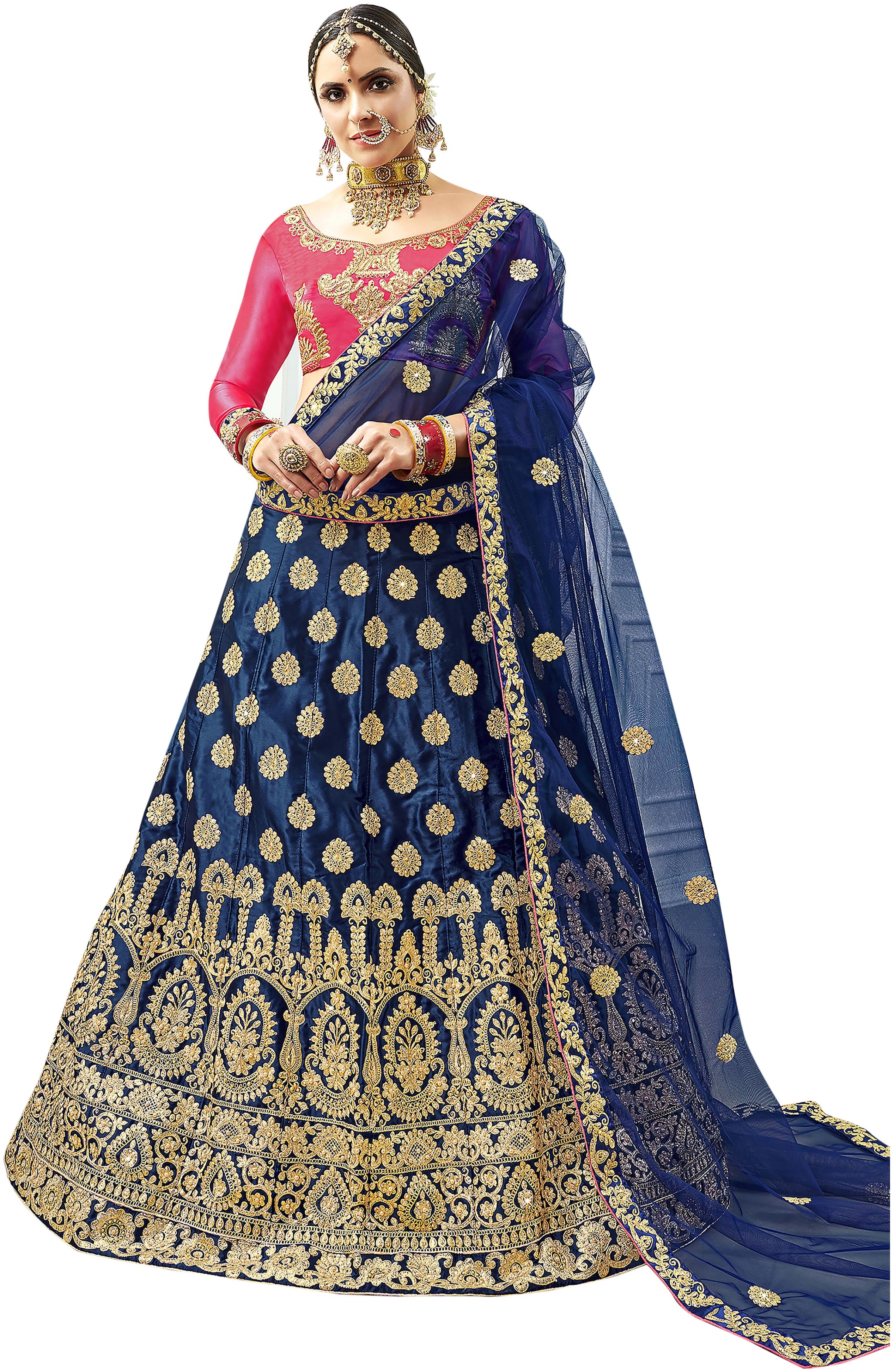 

MANVAA Satin Embroidered Semistiched Lehenga Choli With Dupatta Blue