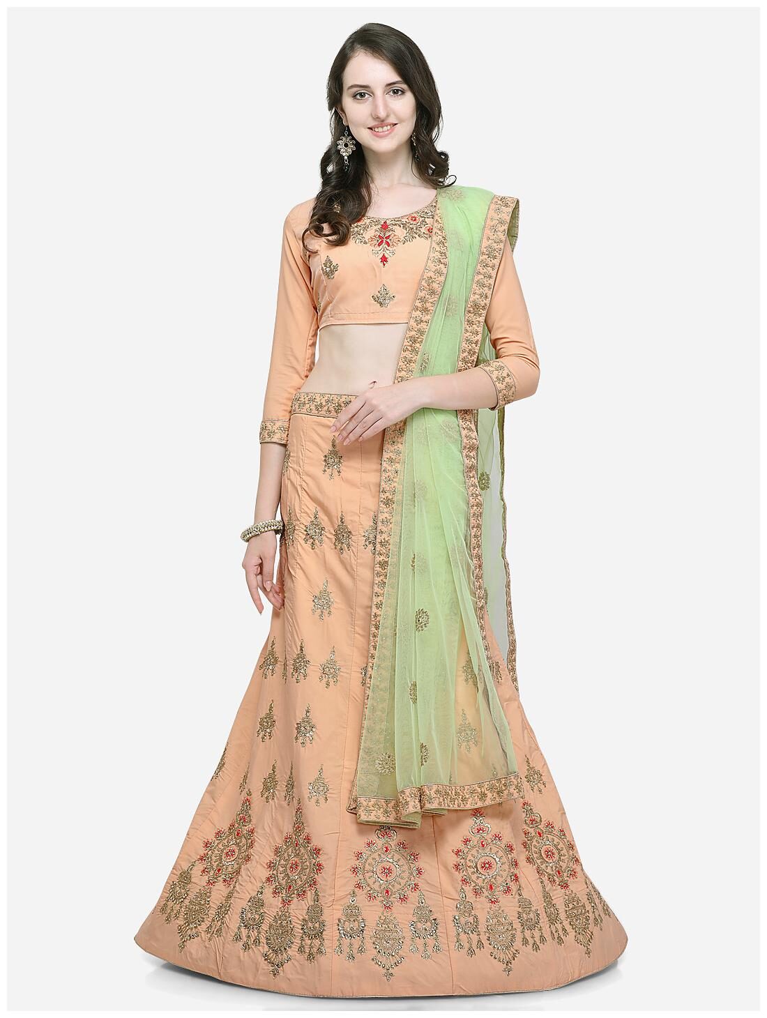 

MANVAA Satin Embroidered Semistiched Lehenga Choli With Dupatta Peach