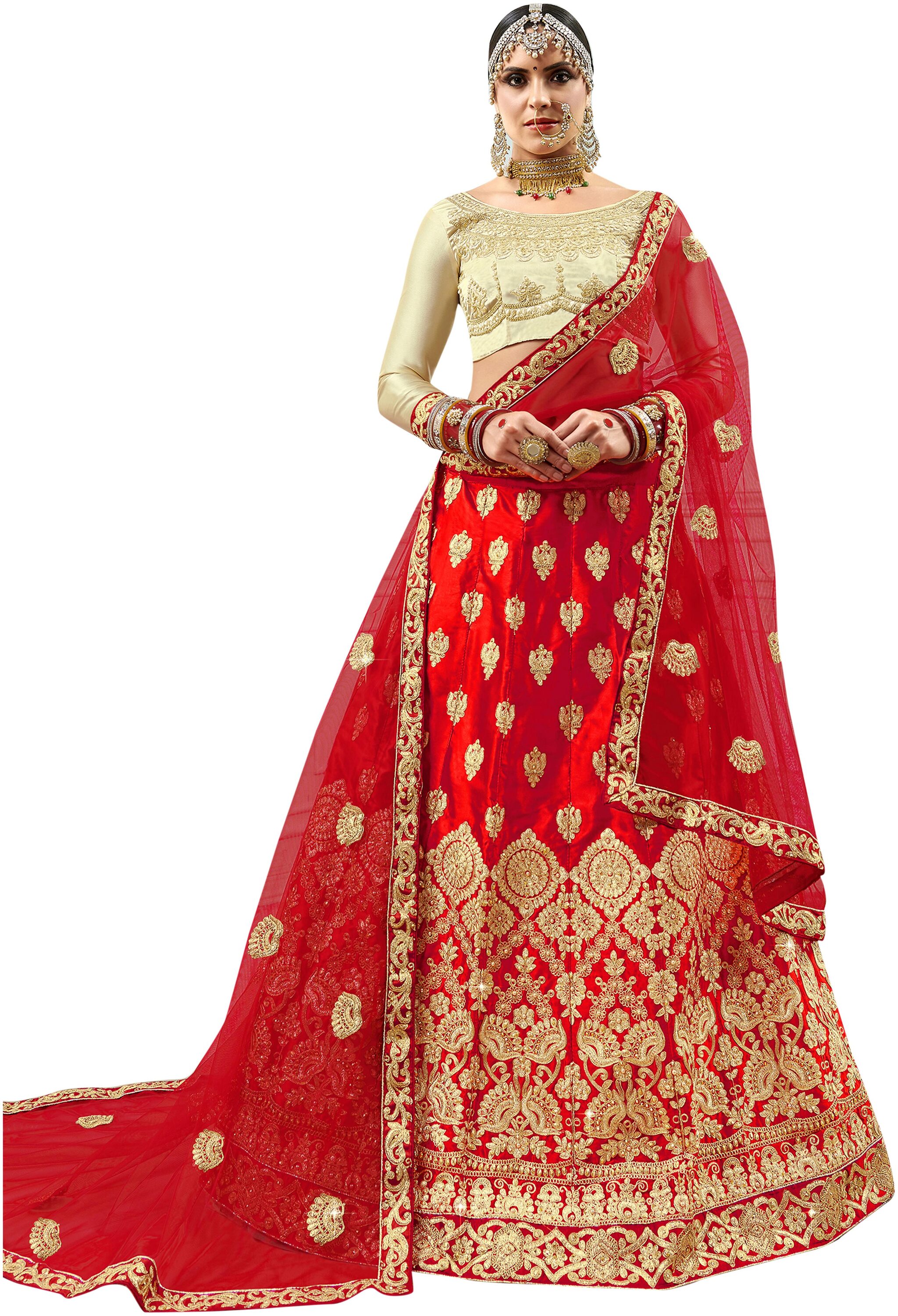 

MANVAA Satin Embroidered Semistiched Lehenga Choli With Dupatta Red