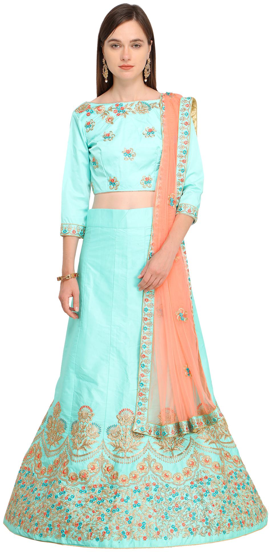 

MANVAA Silk Embroidered Semistiched Lehenga Choli With Dupatta Blue