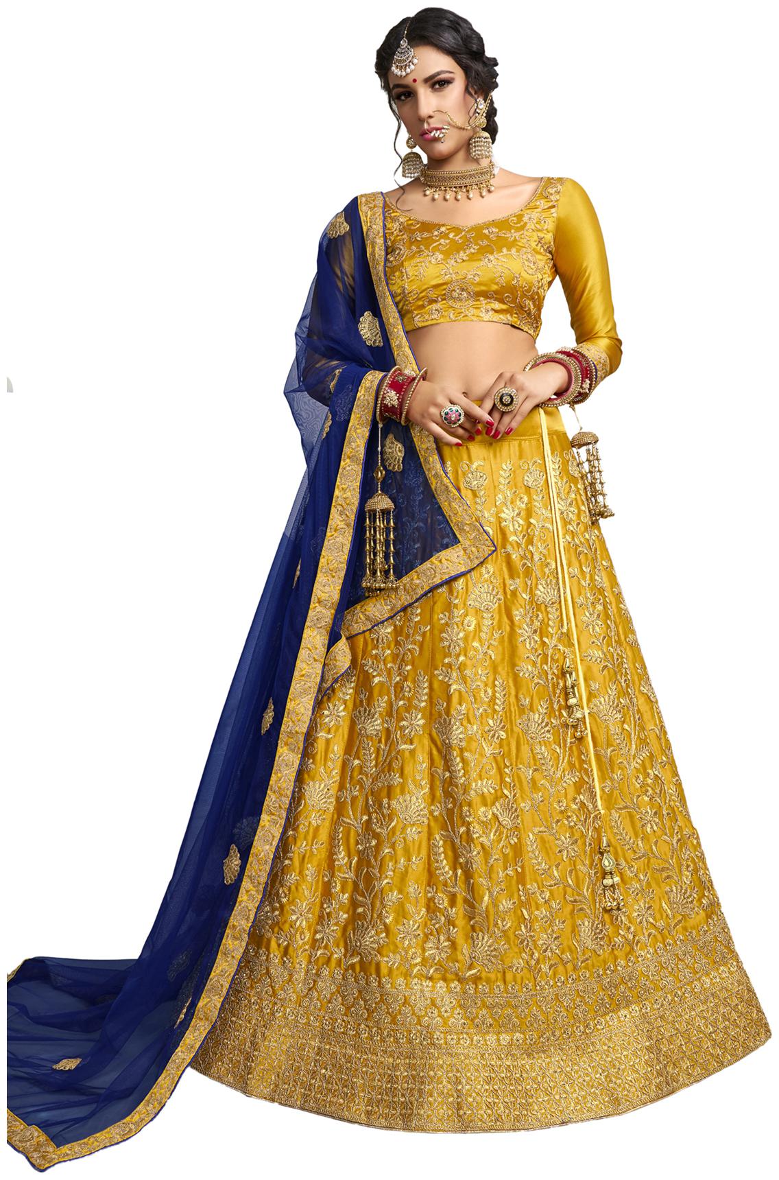 

MANVAA Silk Embroidered Semistiched Lehenga Choli With Dupatta Mustard