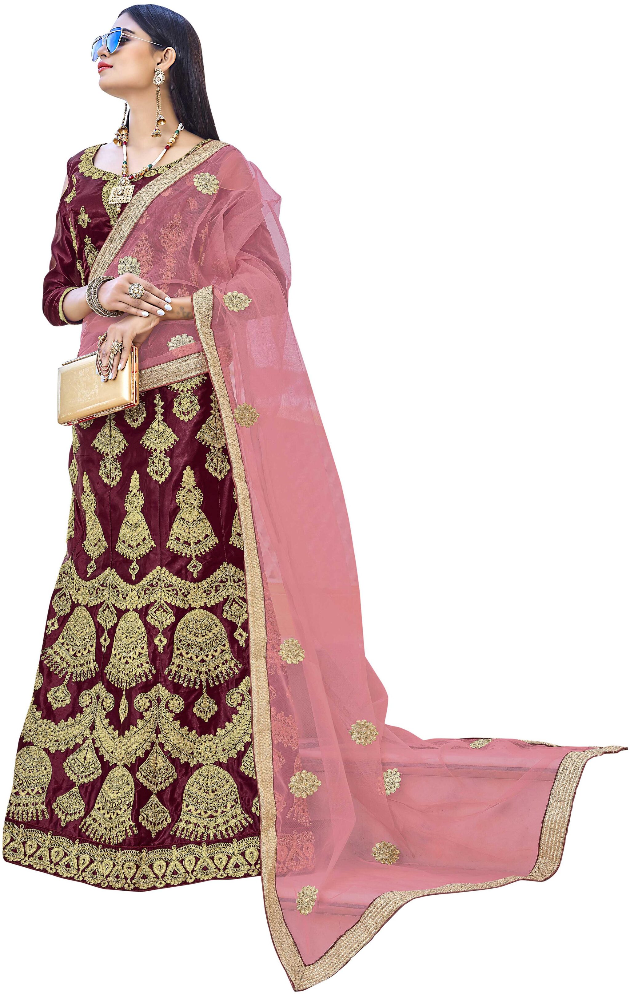 

MANVAA Silk Embroidered Semistiched Lehenga Choli With Dupatta Maroon