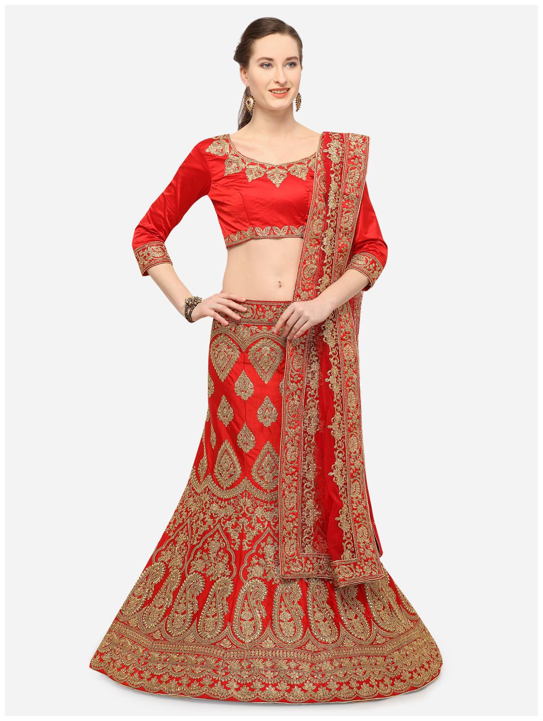 

MANVAA Silk Embroidered Semistiched Lehenga Choli With Dupatta Red