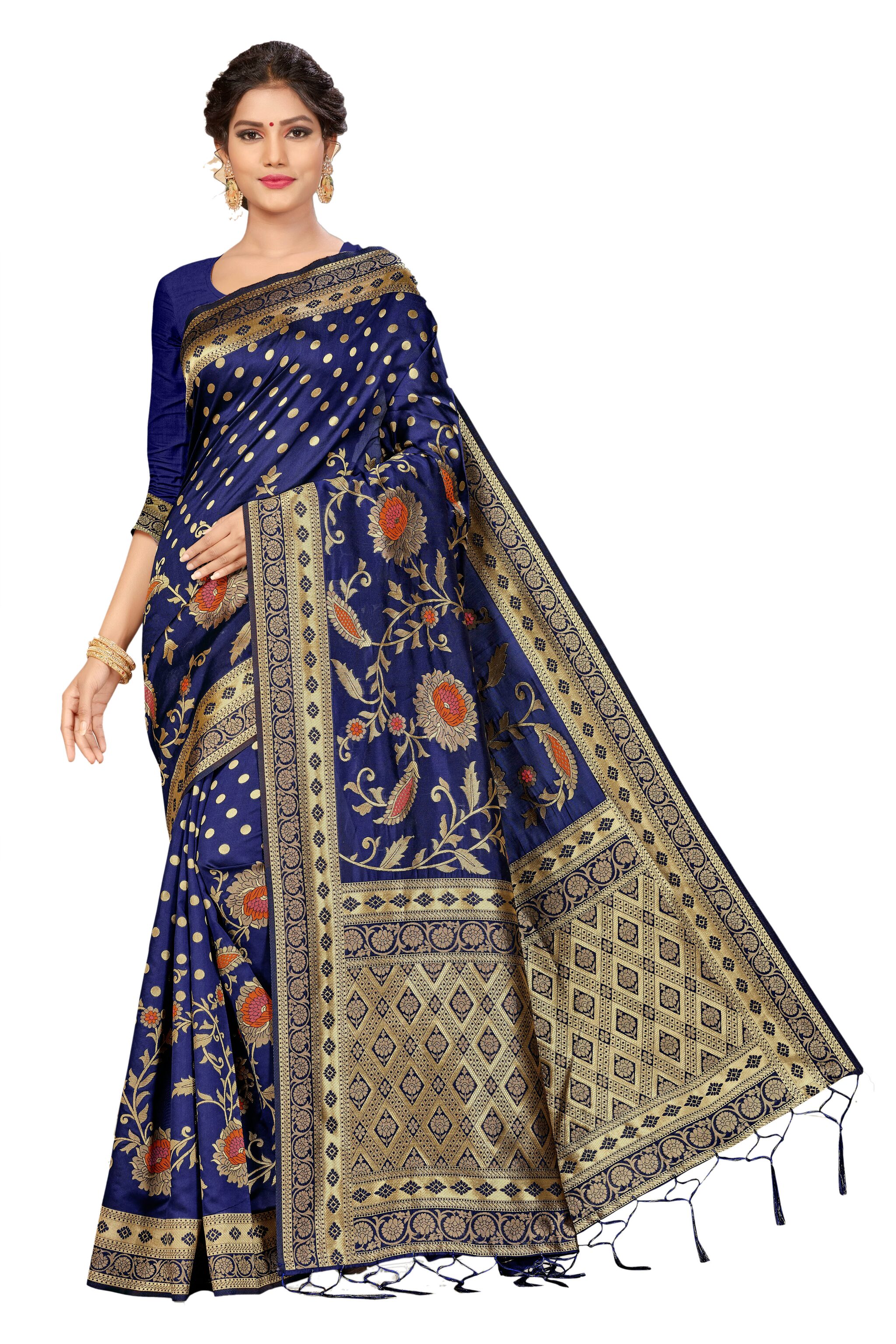 

MANVAA Silk Woven Navy Blue Color Regular Saree With Blouse