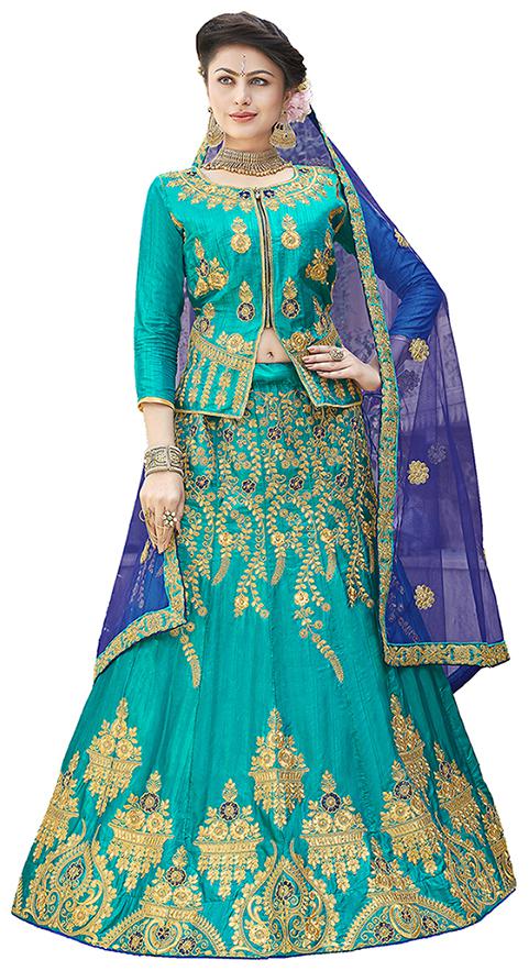 

MANVAA Silk Embroidered Semistiched Lehenga Choli With Dupatta Green