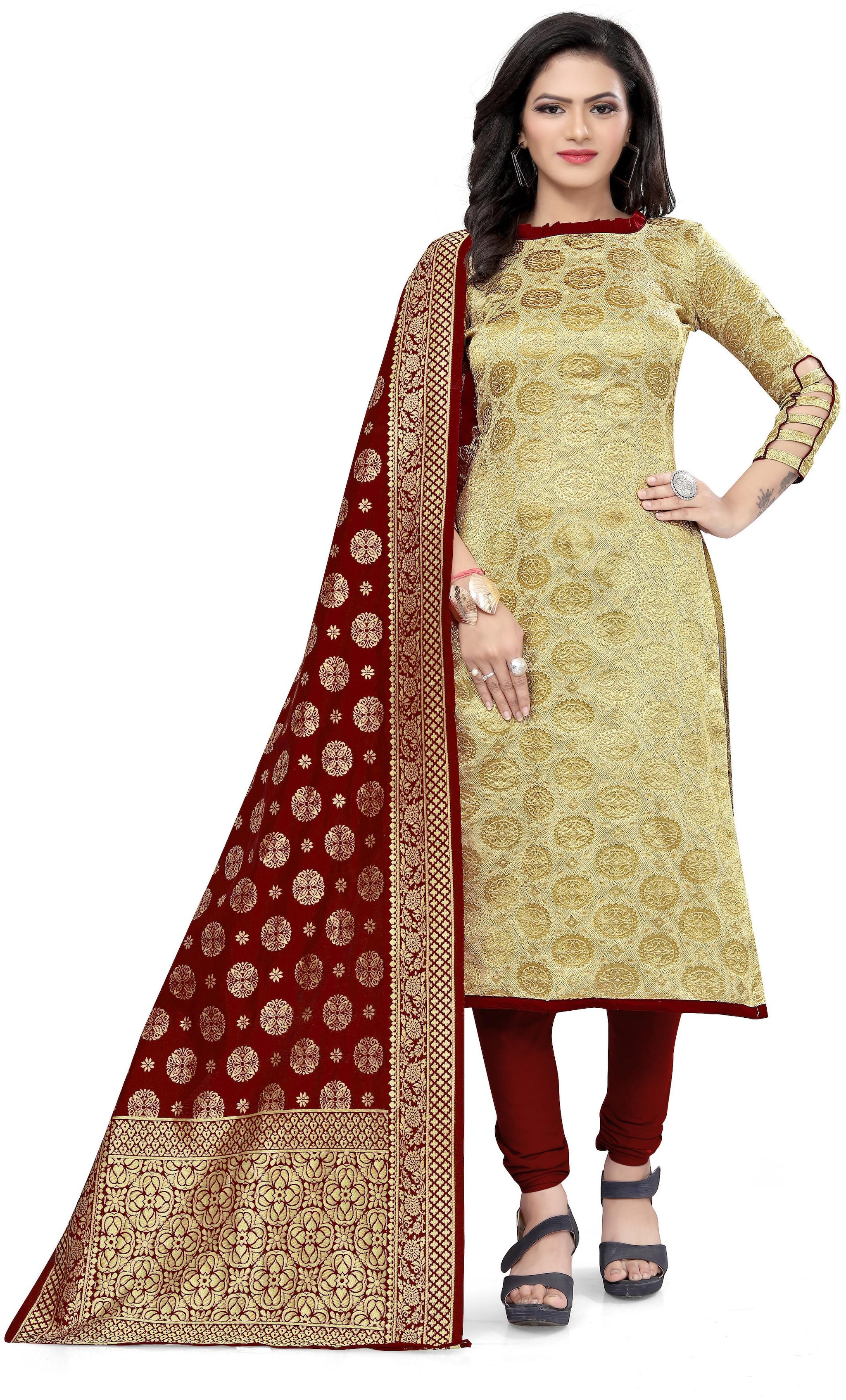 

MANVAA Beige Unstitched Kurta with bottom dupatta With dupatta Dress Material