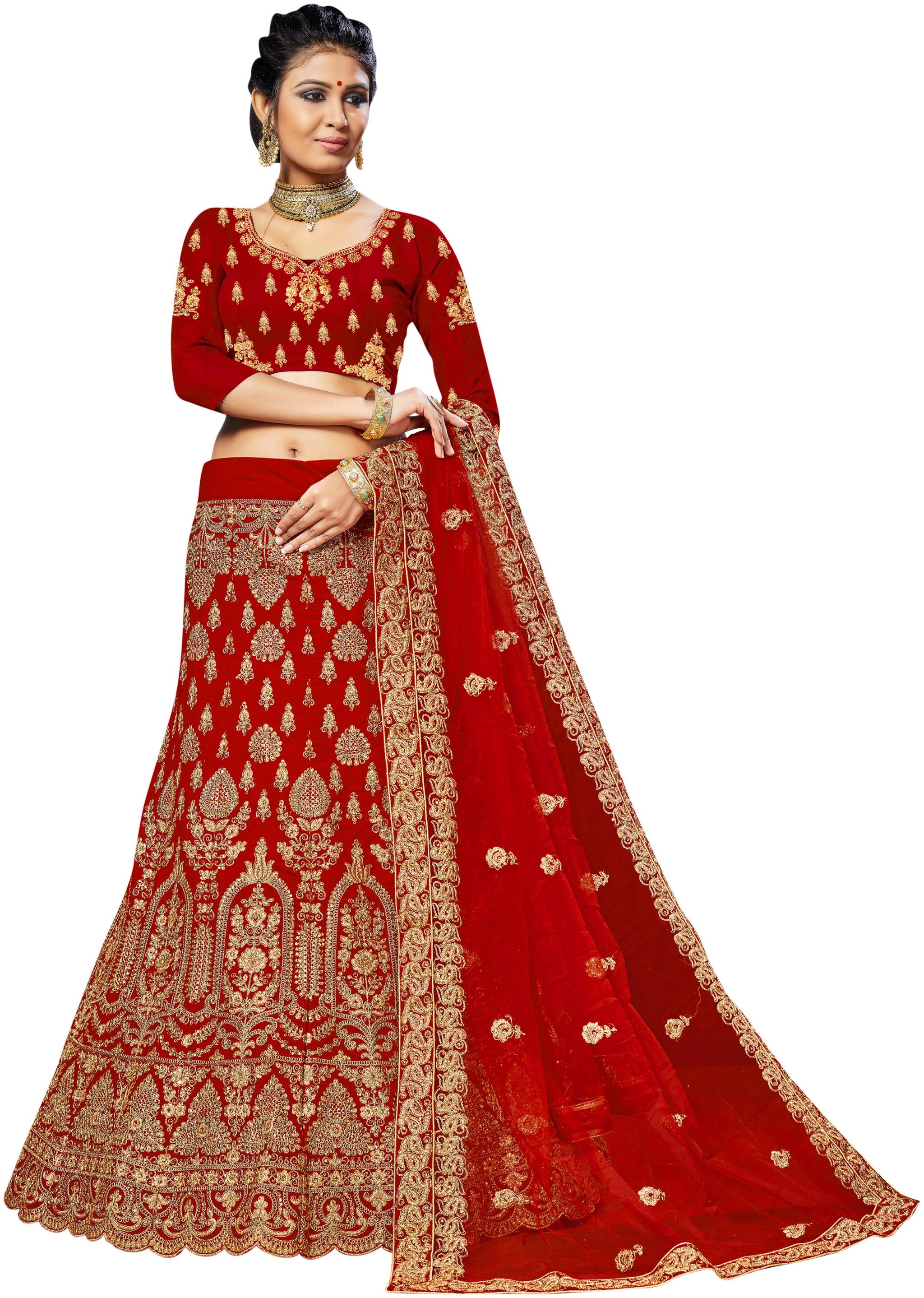 

MANVAA Velvet Embroidered Lehenga Choli With Dupatta Red