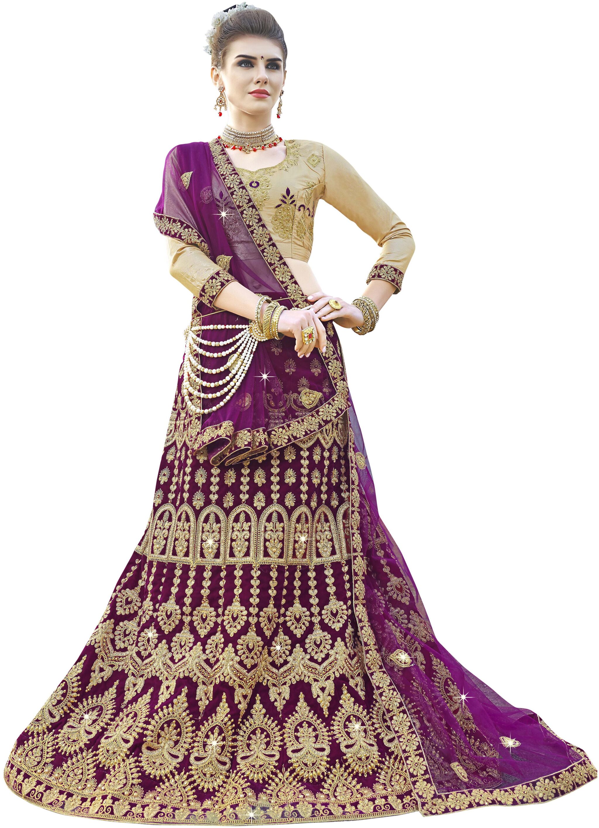 

MANVAA Velvet Embroidered Semistiched Lehenga Choli With Dupatta Purple