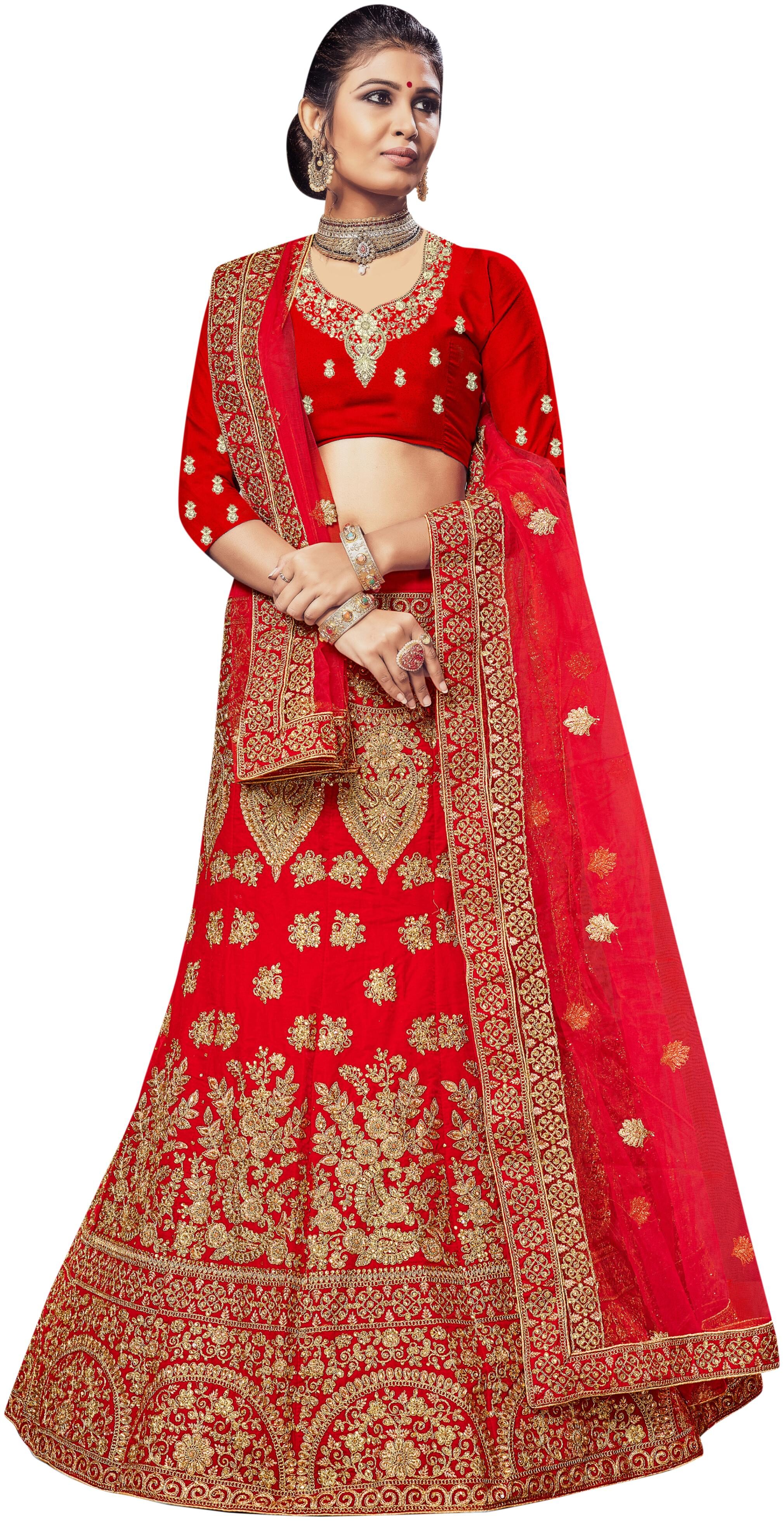 

MANVAA Velvet Embroidered Lehenga Choli With Dupatta Red