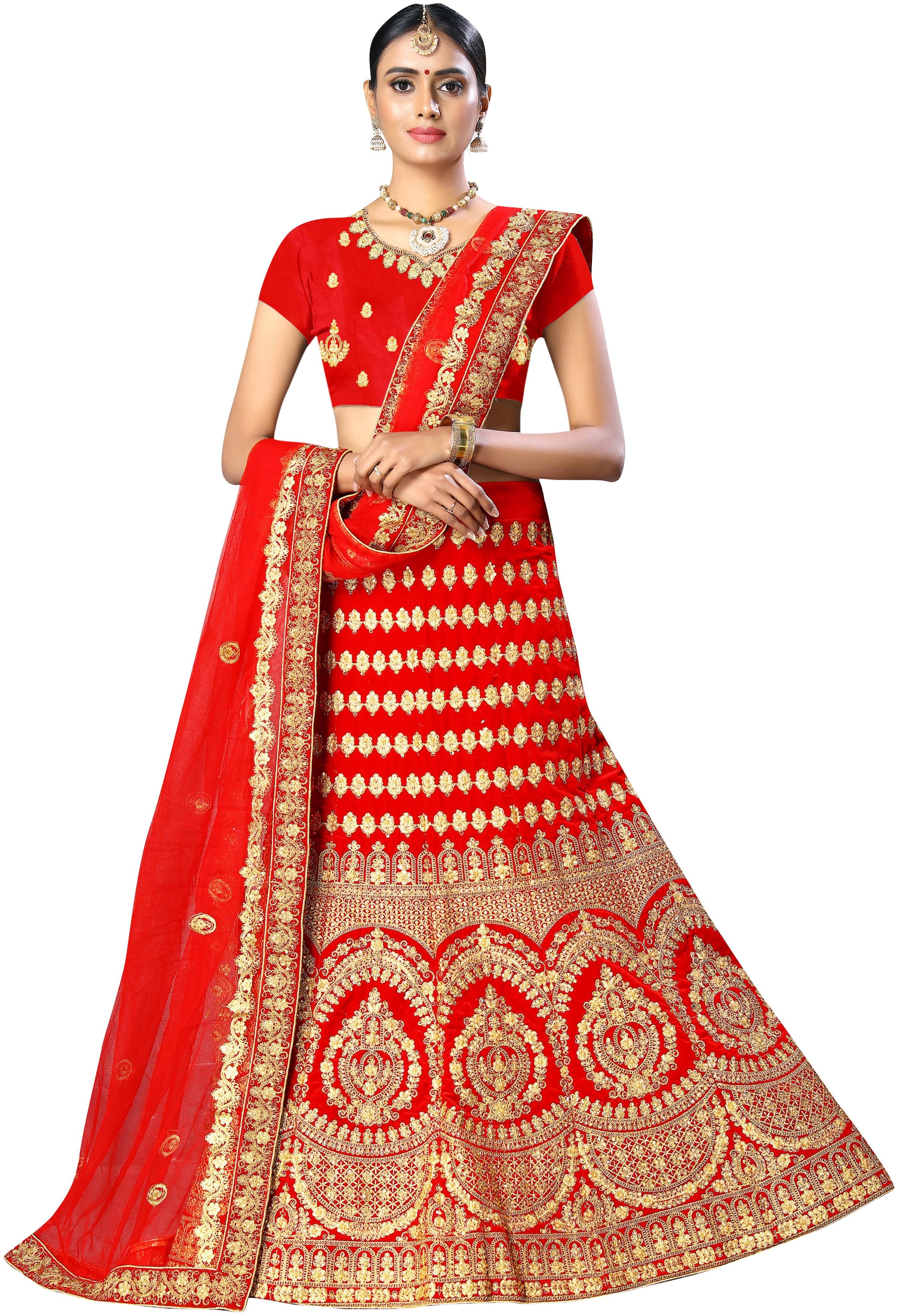 

MANVAA Velvet Embroidered Lehenga Choli With Dupatta Red