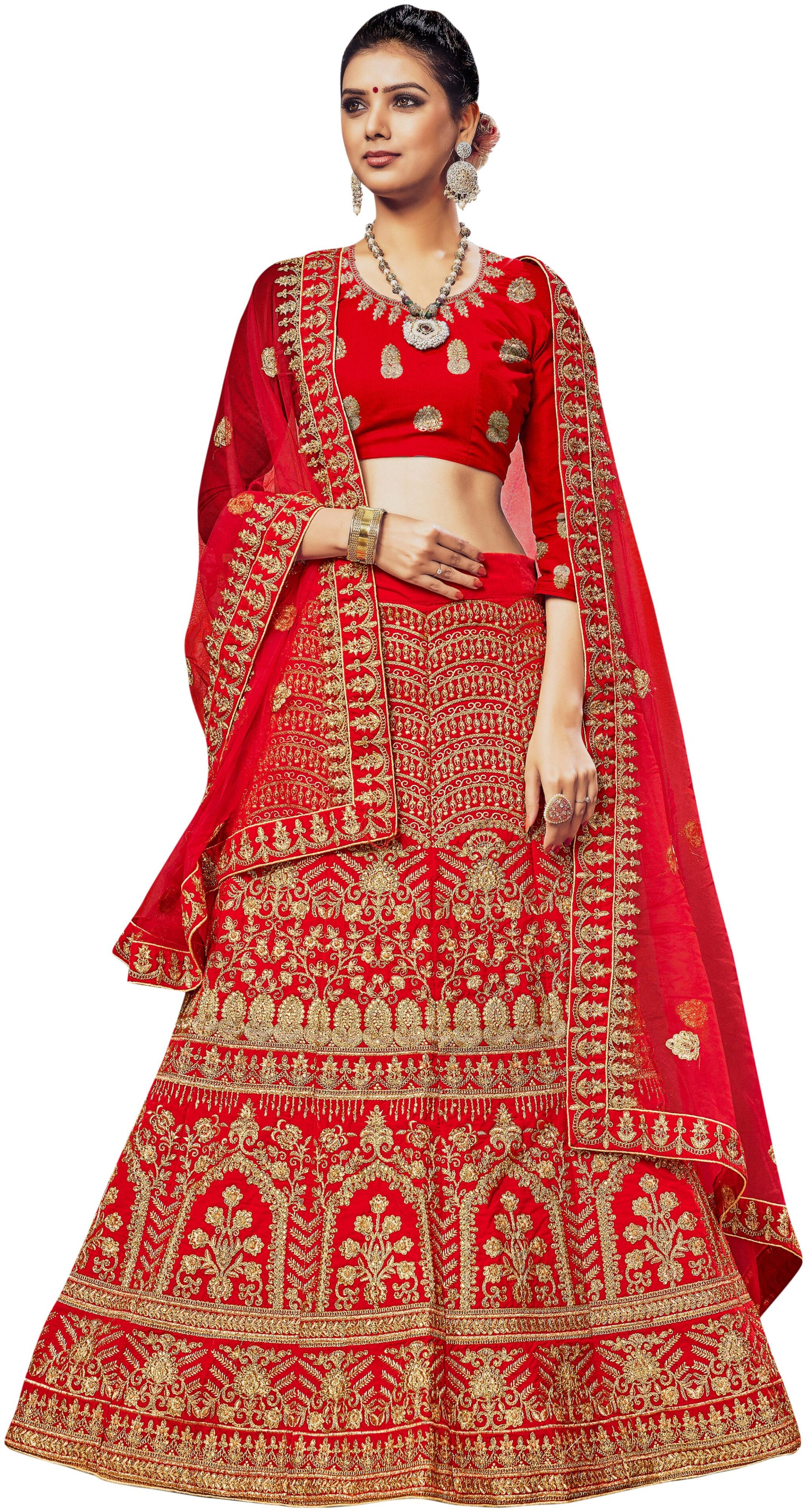 

MANVAA Velvet Embroidered Lehenga Choli With Dupatta Red