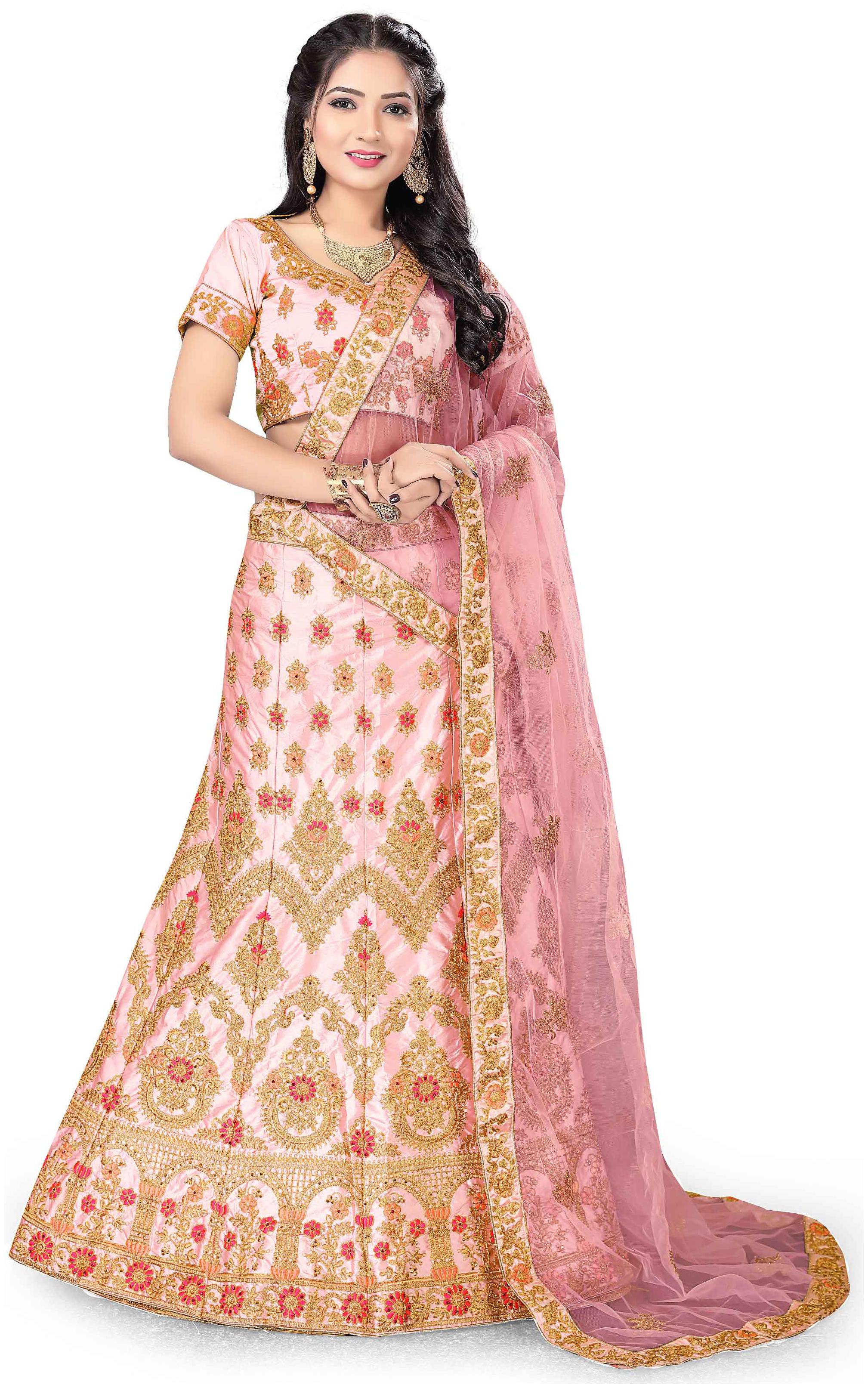 

MANVAA Women Silk Semistiched Embroidered Pink Lehenga Choli