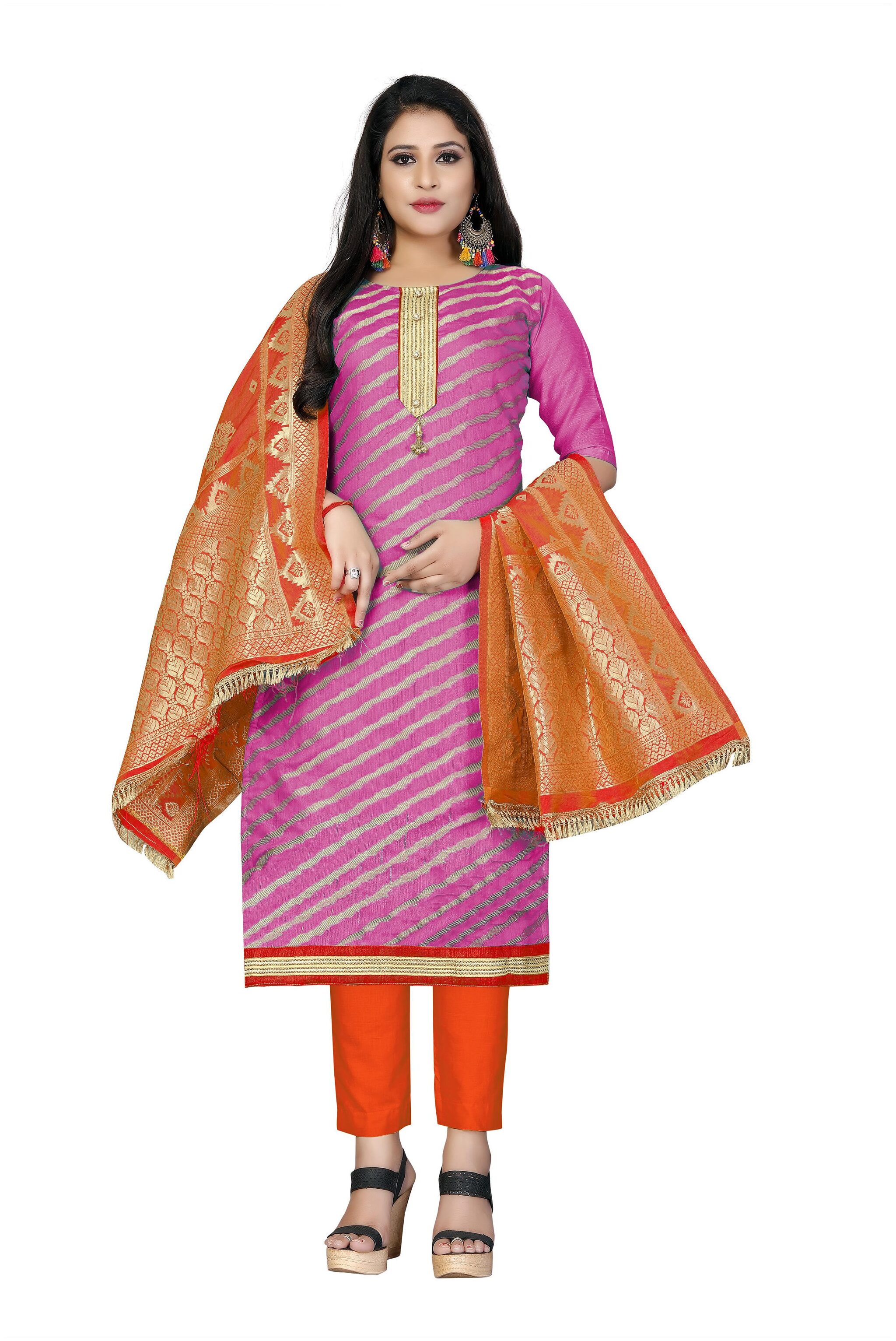 

Manvaa Women Pink Woven Banarasi Jacquard Dress Material