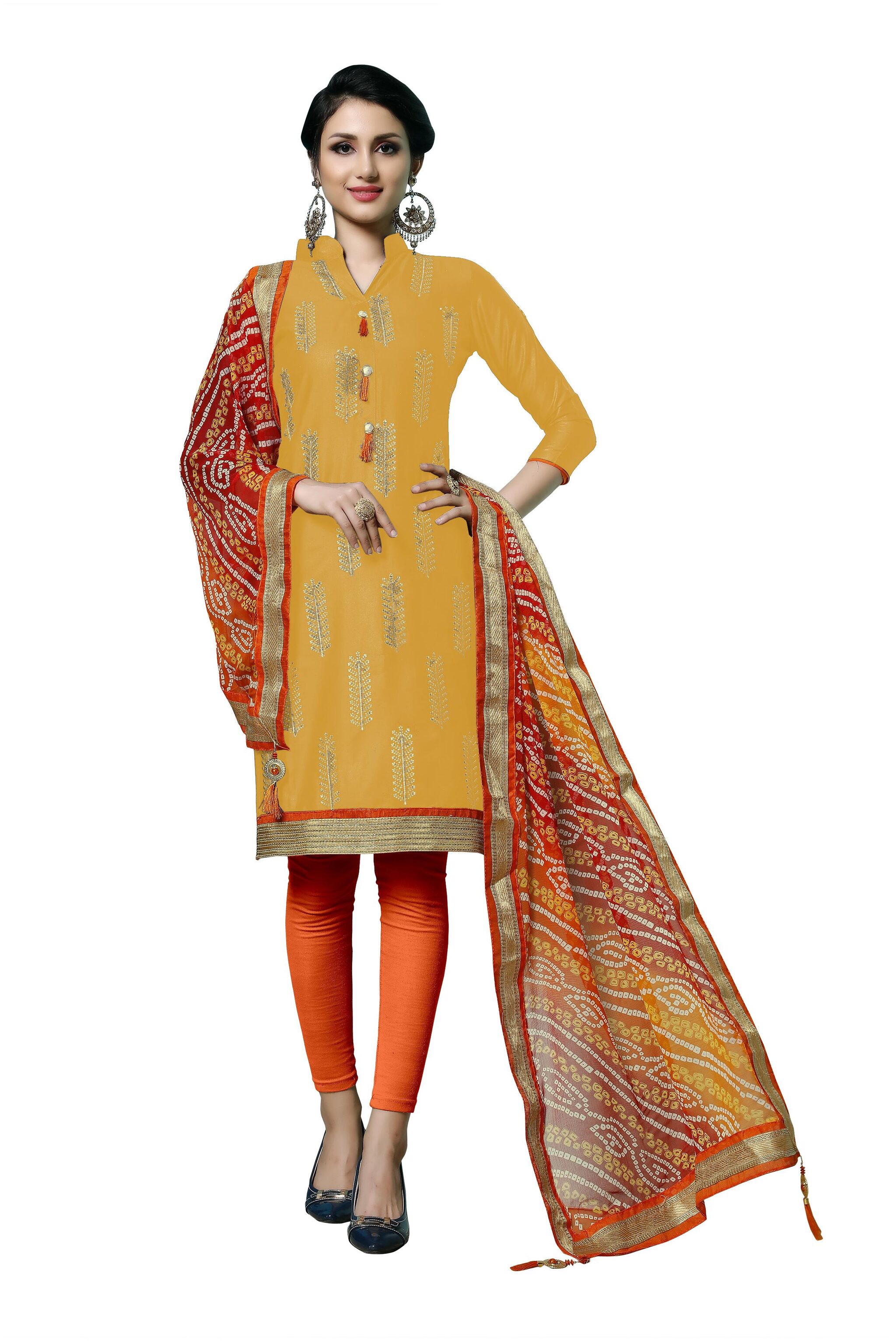 

Manvaa Women Yellow Embroidered Cotton Dress Material