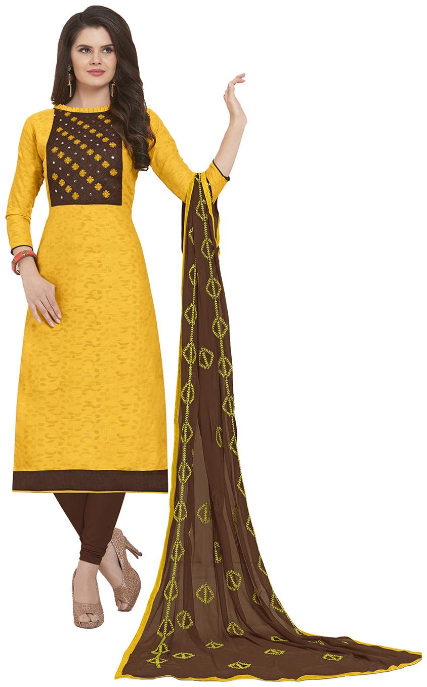 

Manvaa Women Yellow Embroidered Jacquard Cotton Dress Material