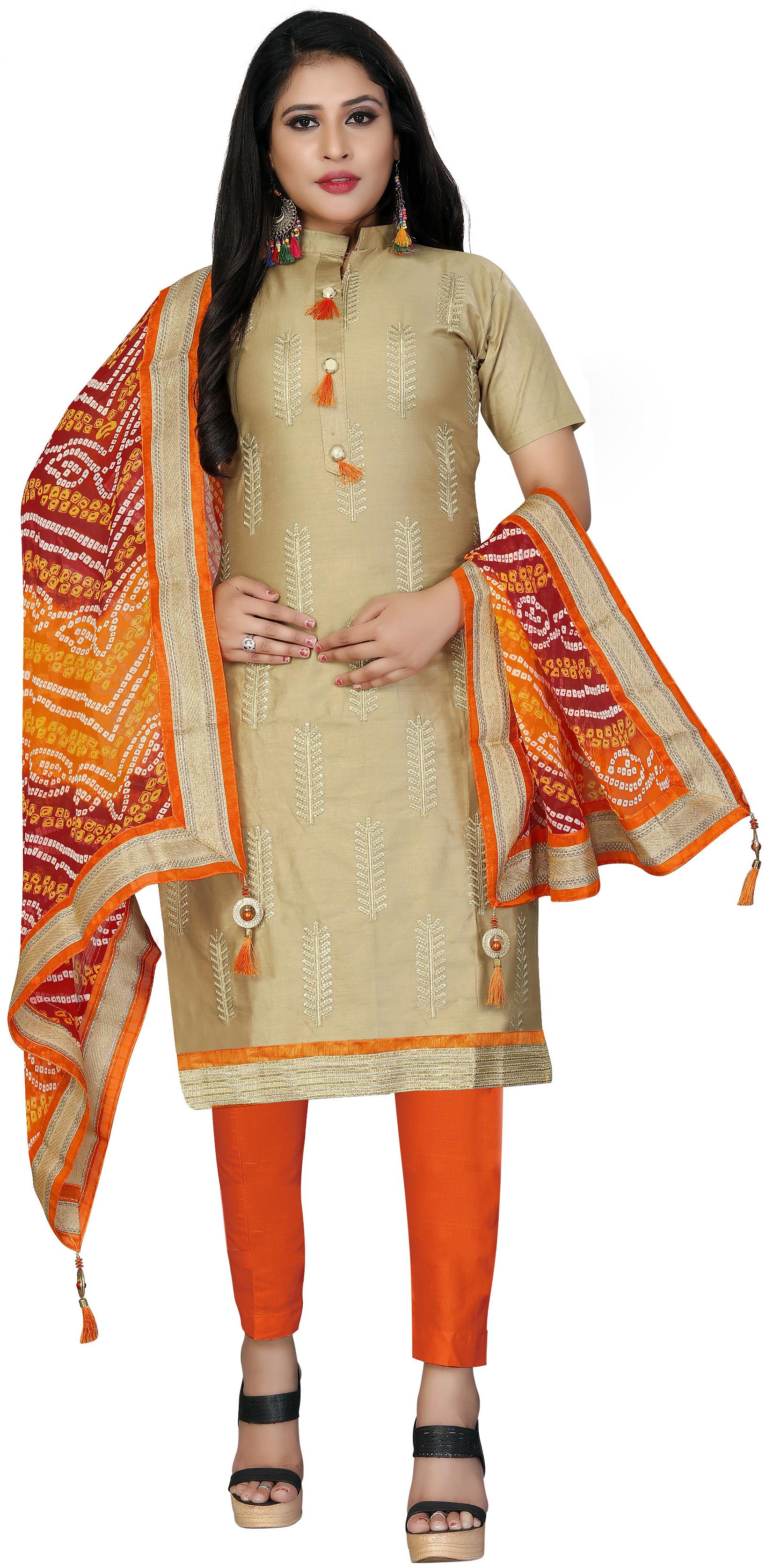 

Manvaa Women Beige Embroidered Cotton Dress Material