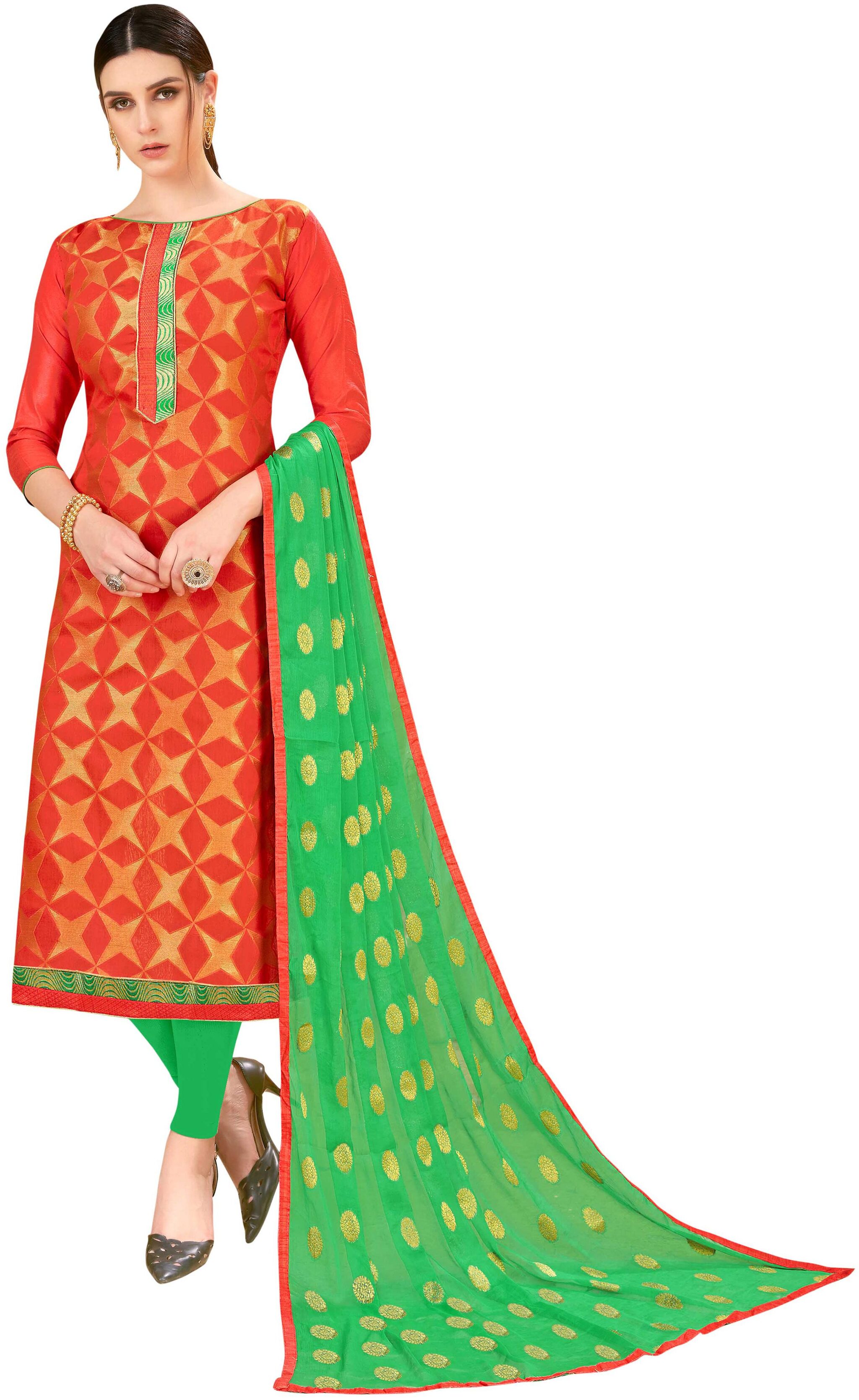 

Manvaa Women Orange Woven Banarasi Silk Dress Material