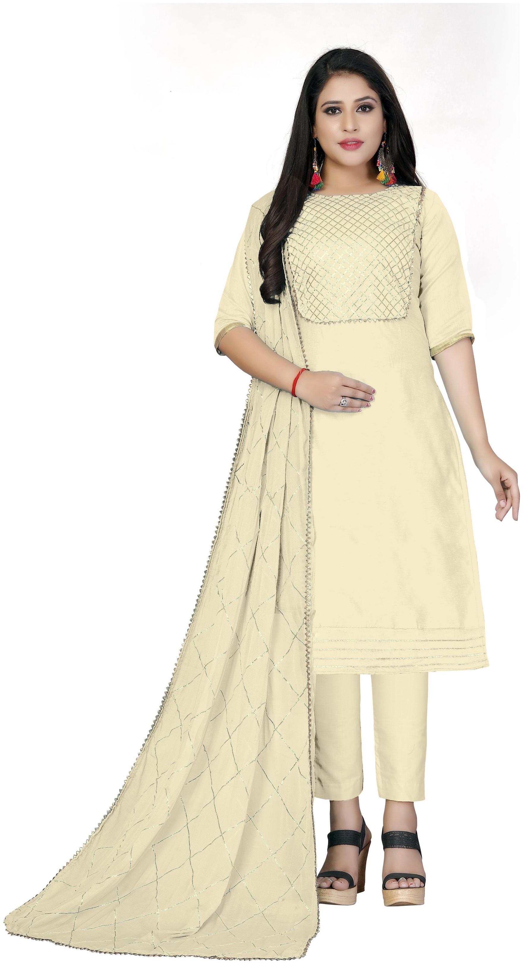 

Manvaa Women Beige Lace Work Cotton Dress Material