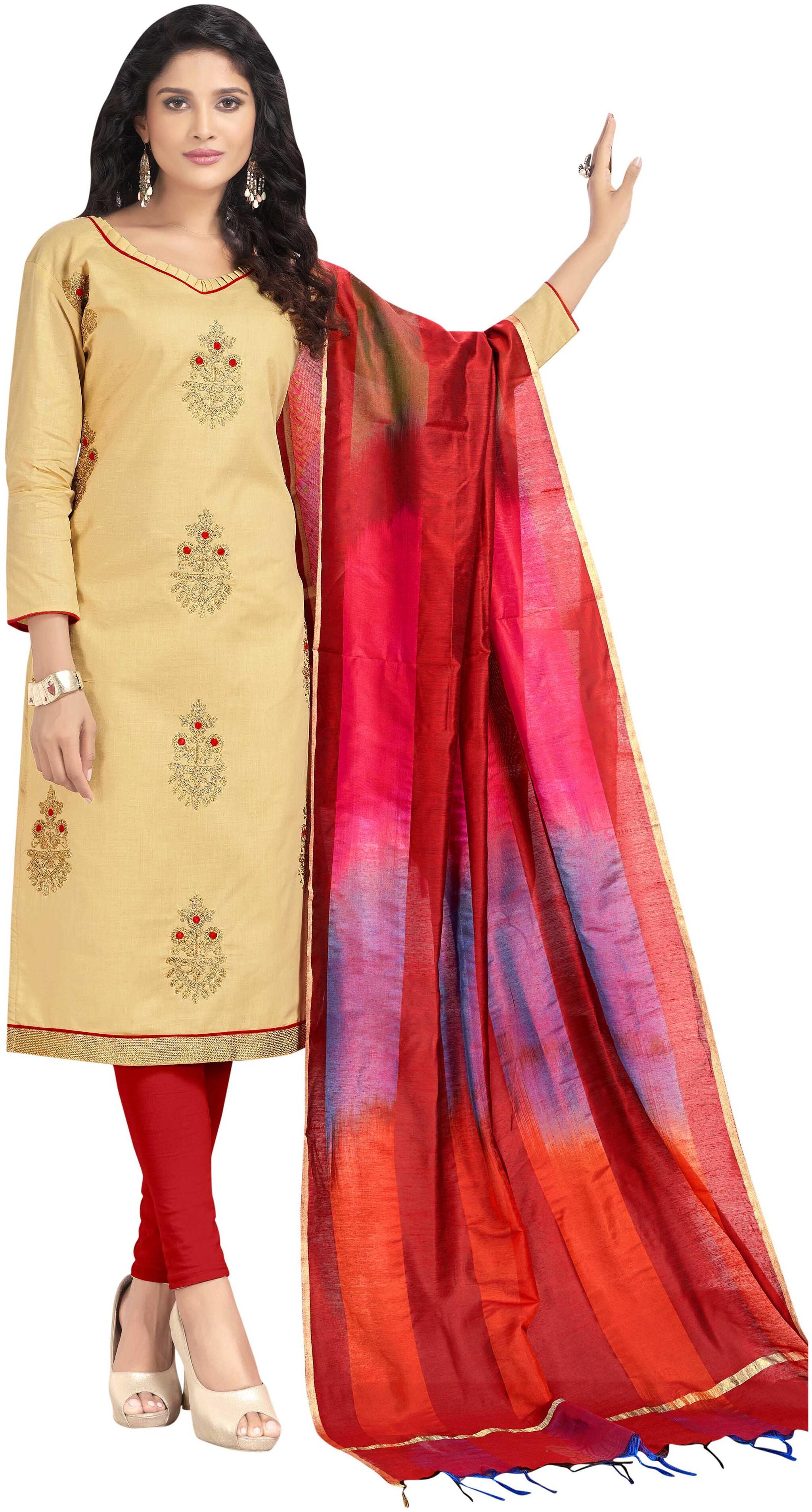 

Manvaa Women Beige Embroidered Cotton Dress Material