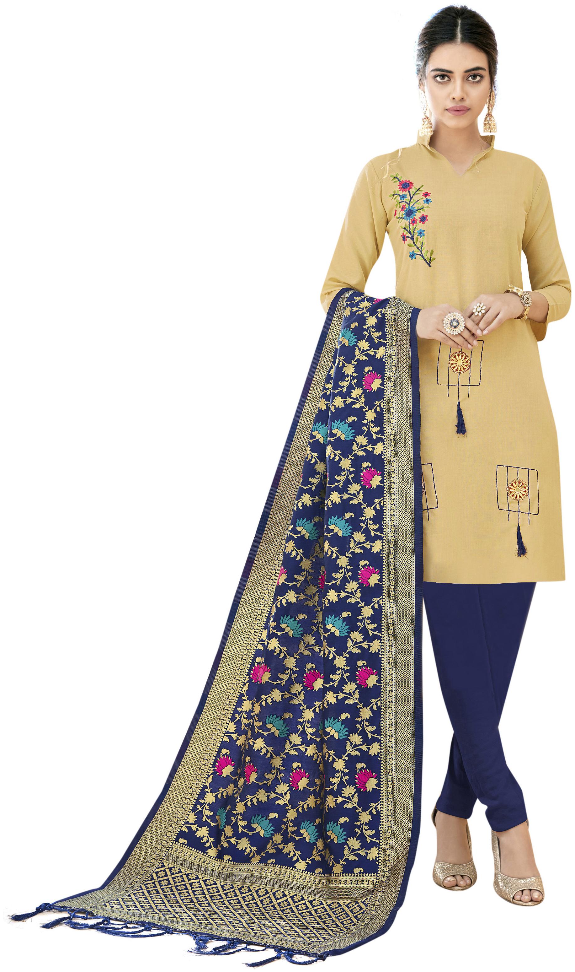 

Manvaa Women Beige Embroidered Cotton Dress Material