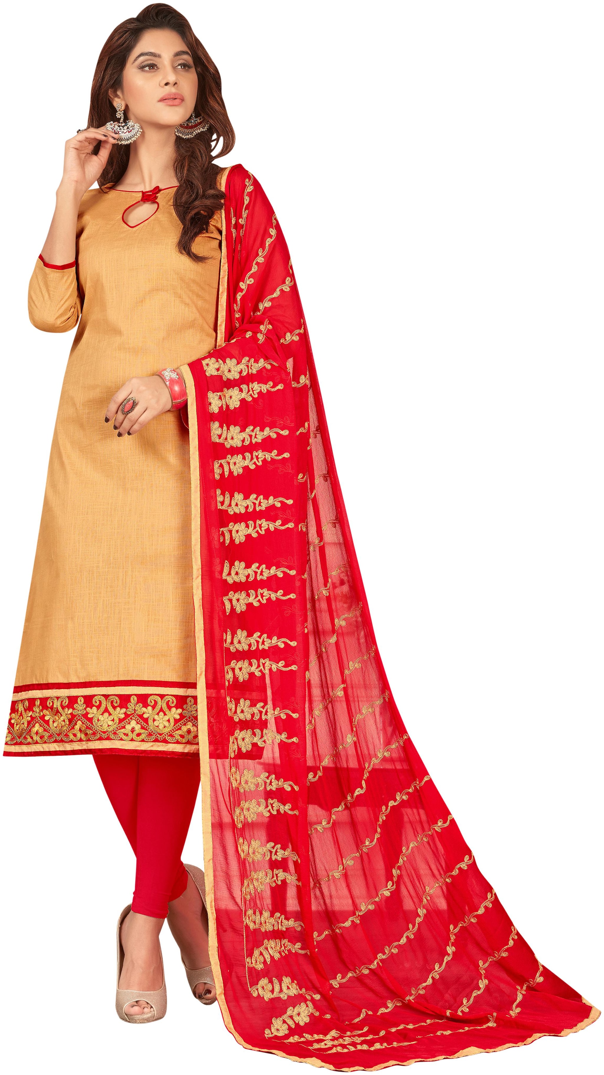 

Manvaa Women Beige Embroidered Cotton Dress Material