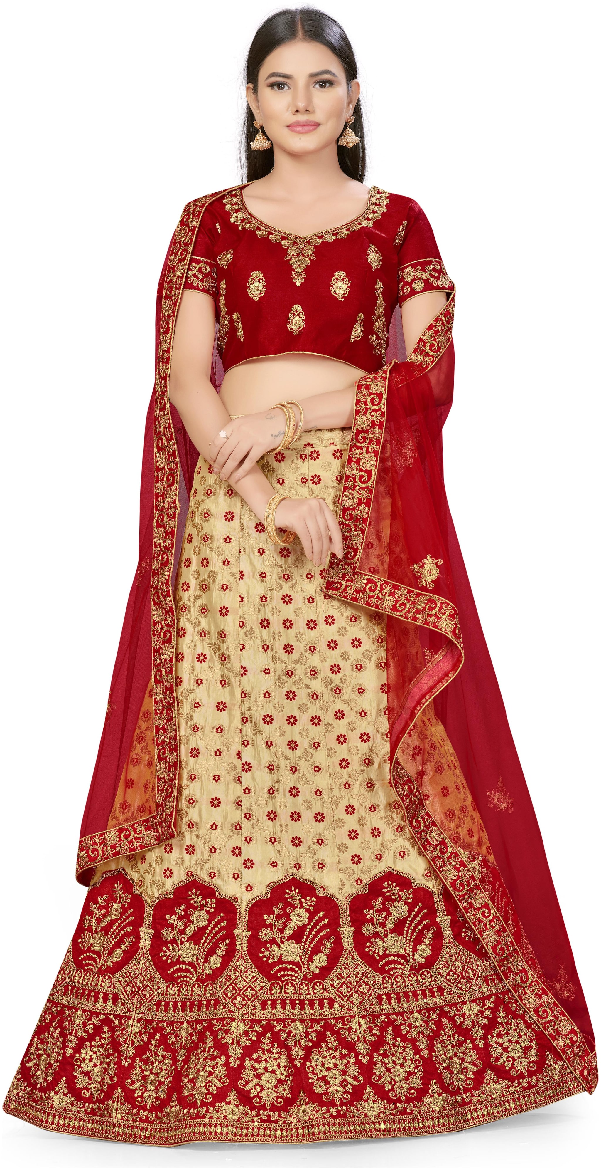 

Manvaa Women Satin Semi Stitched Lehenga Choli (Beige Red)