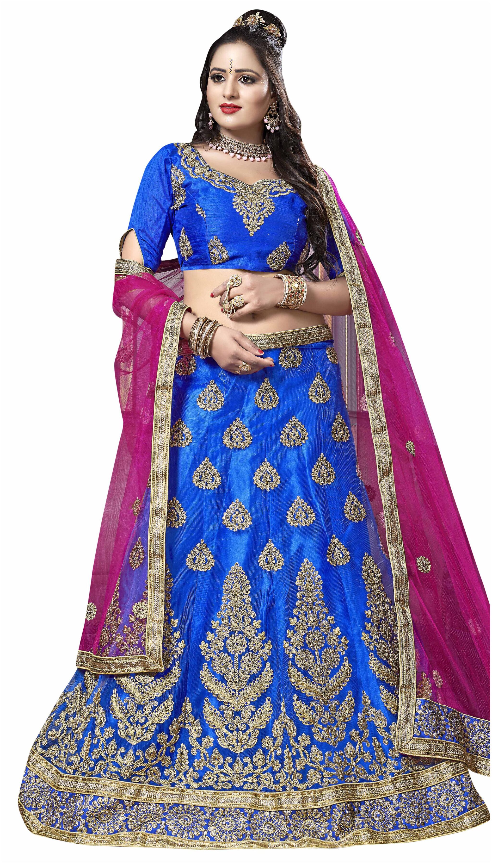 

MANVAA Women Net Semistiched Embroidered Blue Lehenga Choli