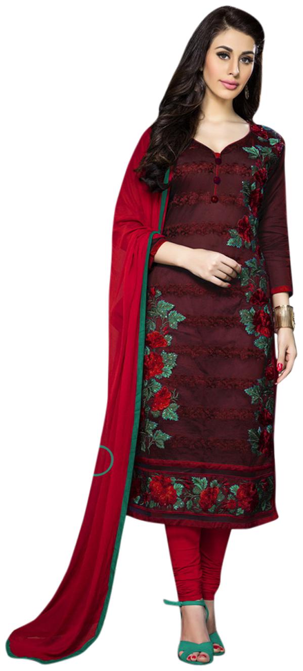 

Manvaa Women Maroon Straight Embroidered Cotton Dress Material