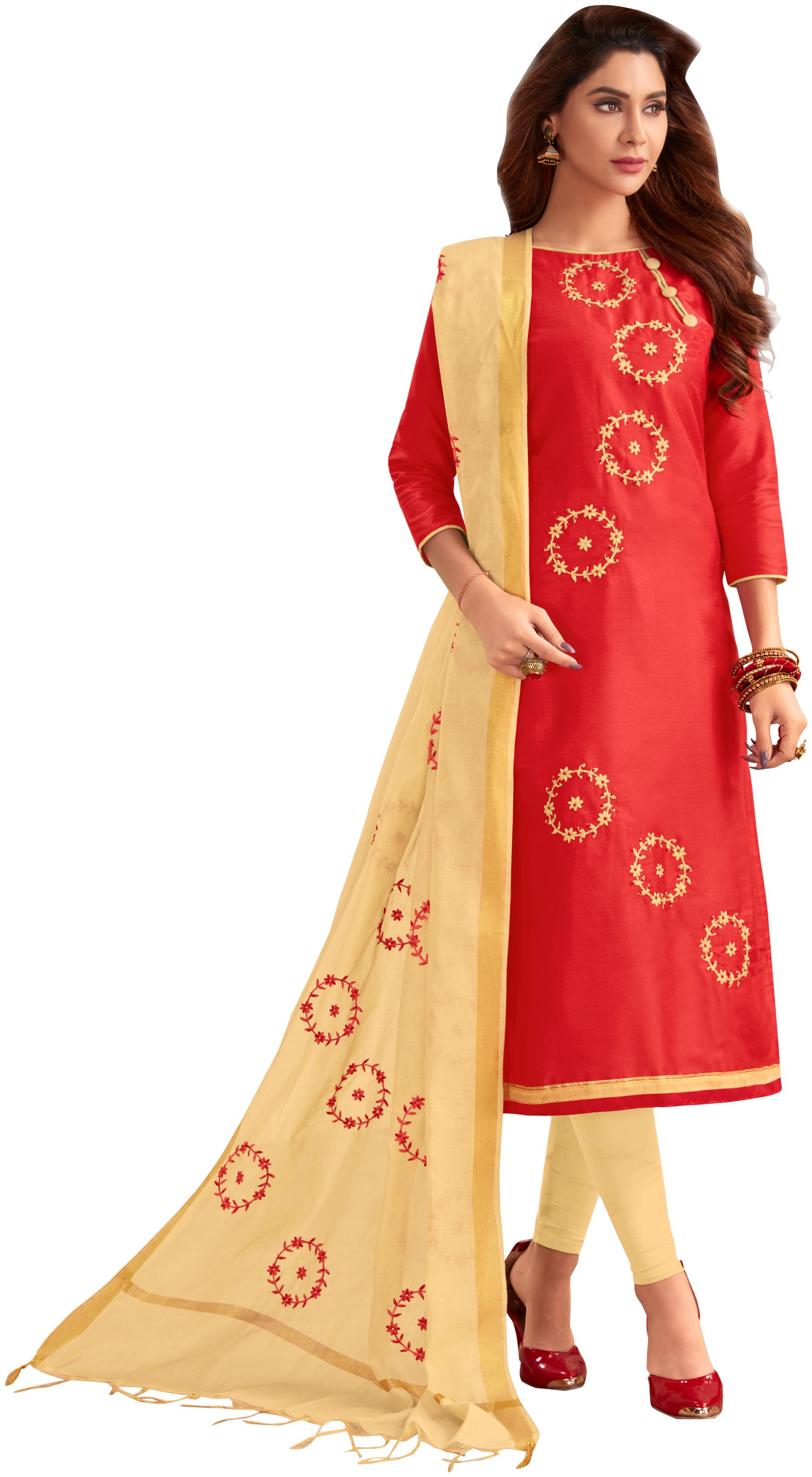 

Manvaa Women Red Embroidered Cotton Dress Material