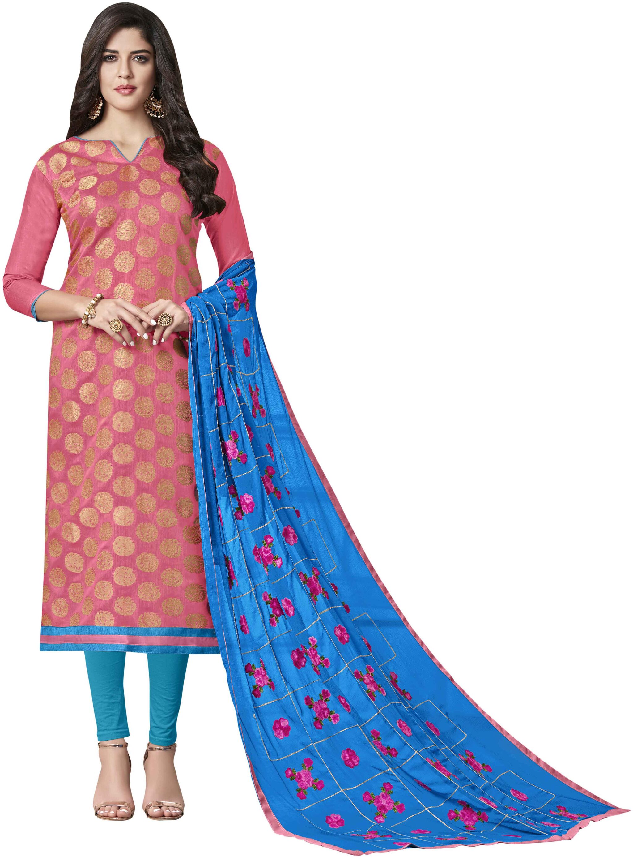 

Manvaa Women Pink Woven Banarasi Jacquard Dress Material