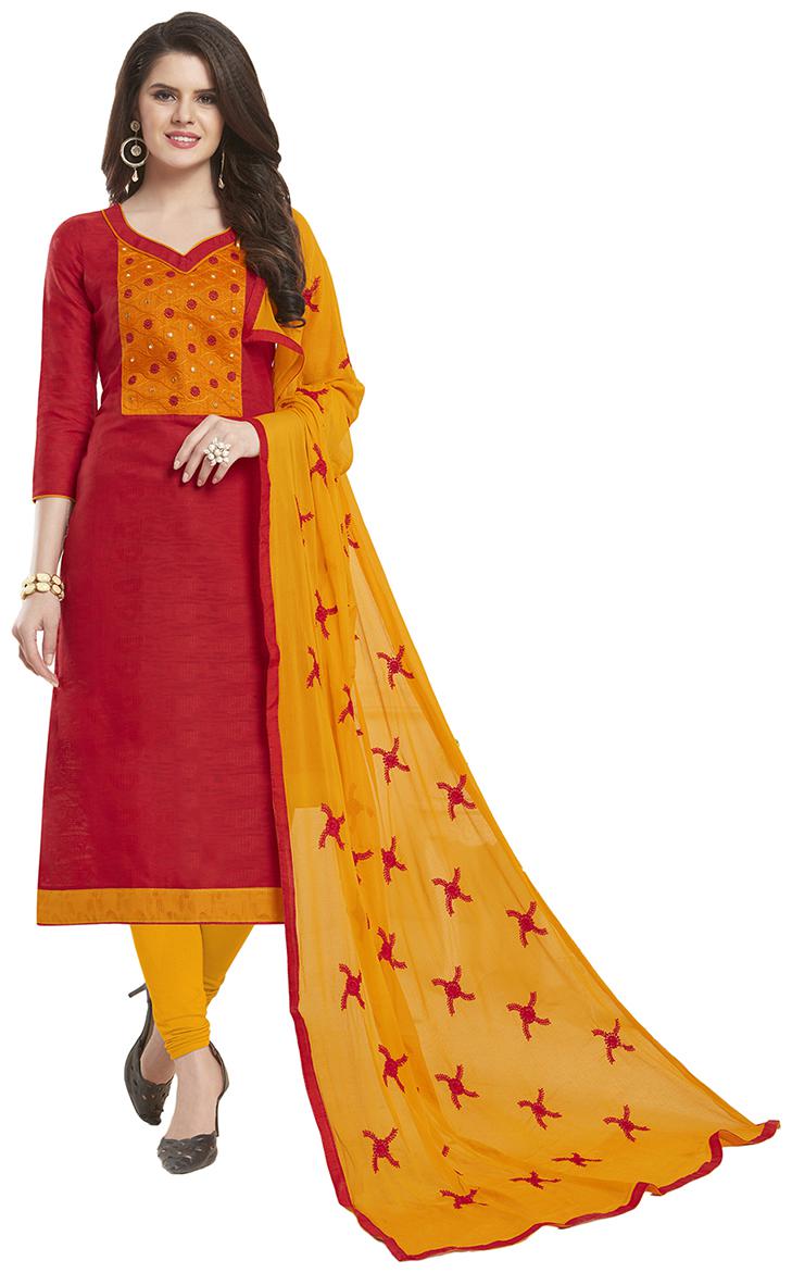 

Manvaa Women Red Embroidered Jacquard Cotton Dress Material