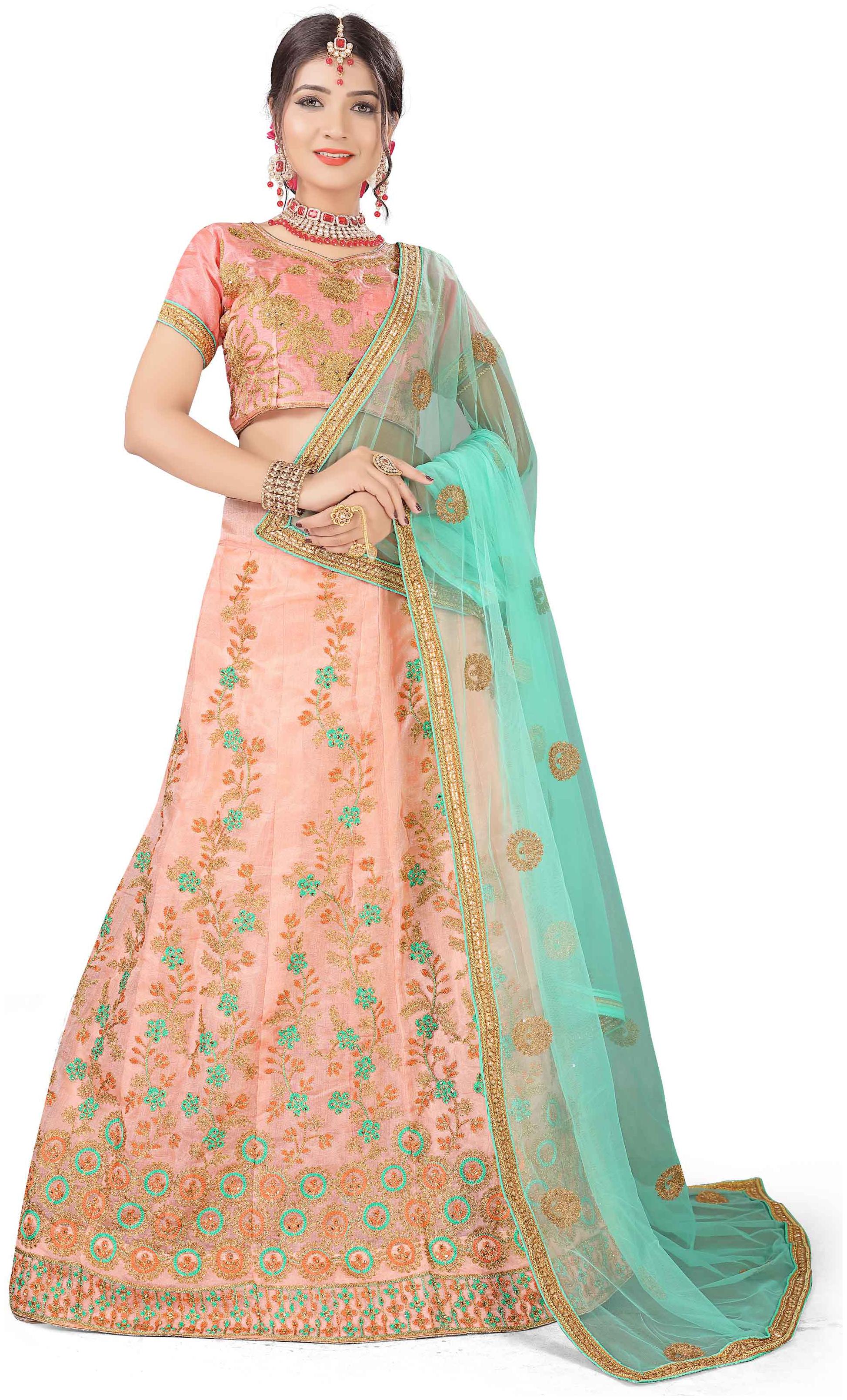 

MANVAA Women Organza Semistiched Embroidered Peach Lehenga Choli