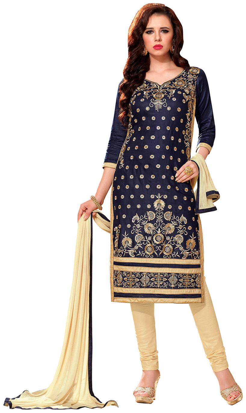 

Manvaa Women Blue Embroidered Cotton Dress Material