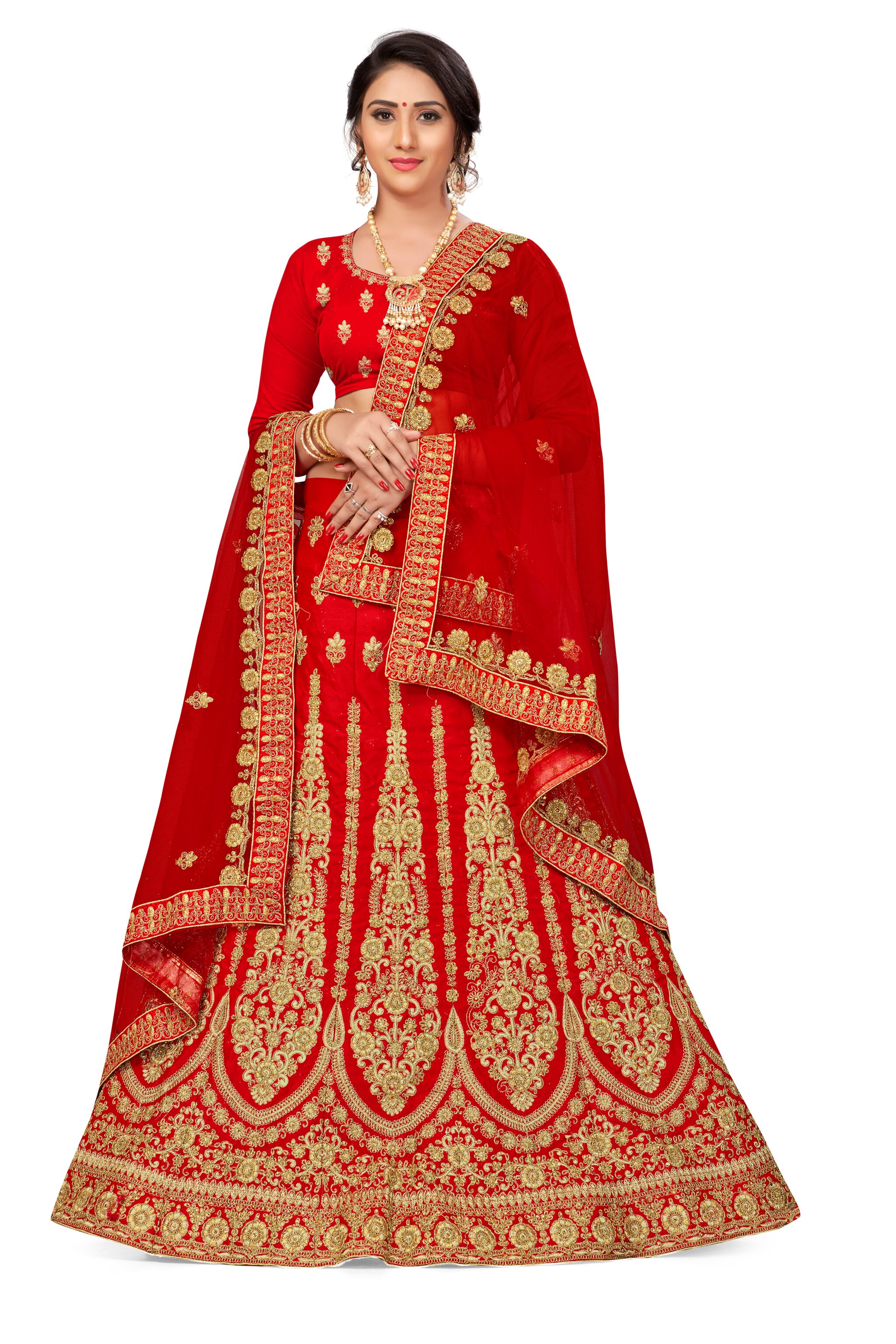 

MANVAA Women Satin Embroidered Red Lehenga Choli