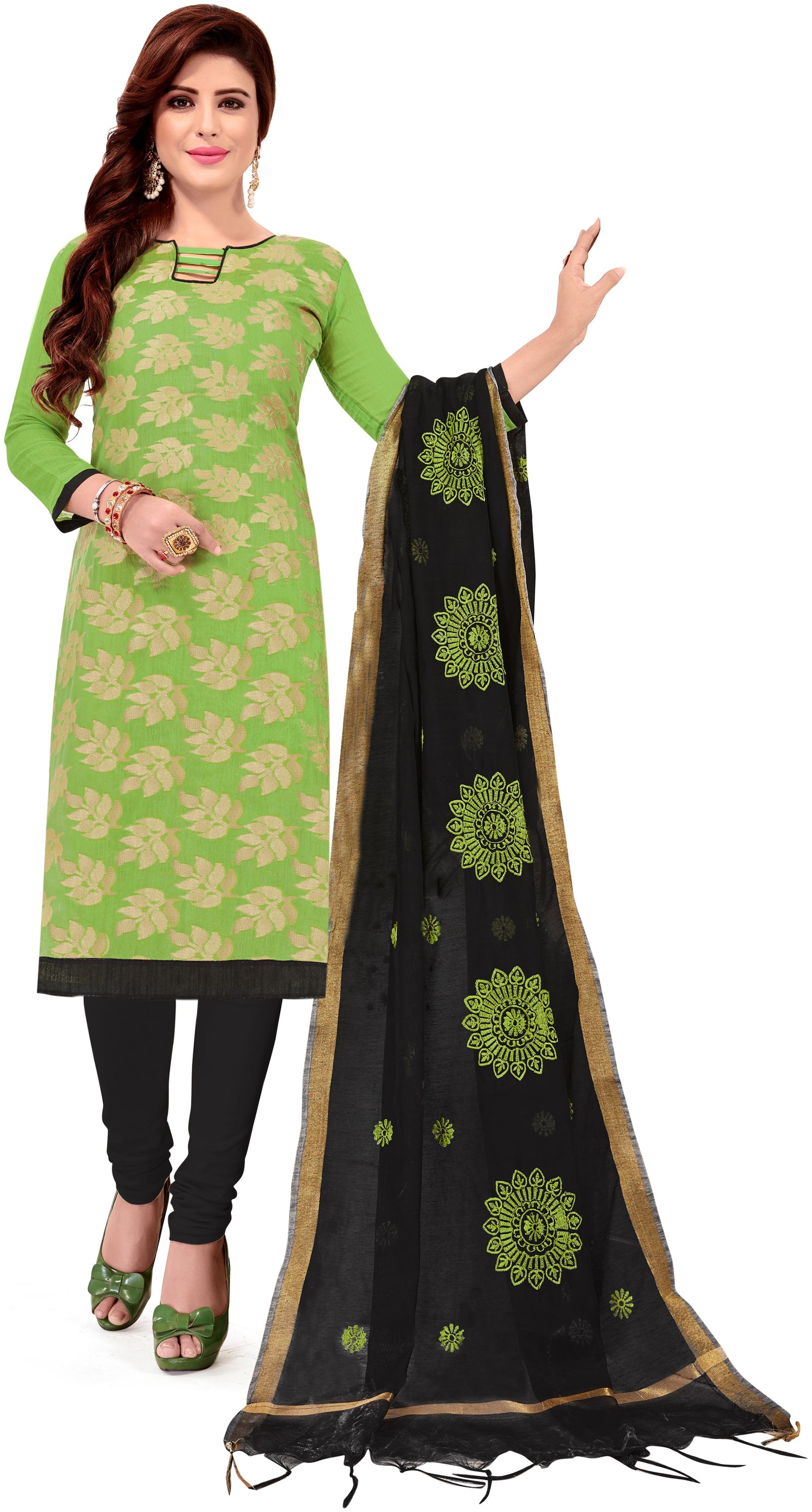

Manvaa Women Green Woven Banarasi Jacquard Dress Material