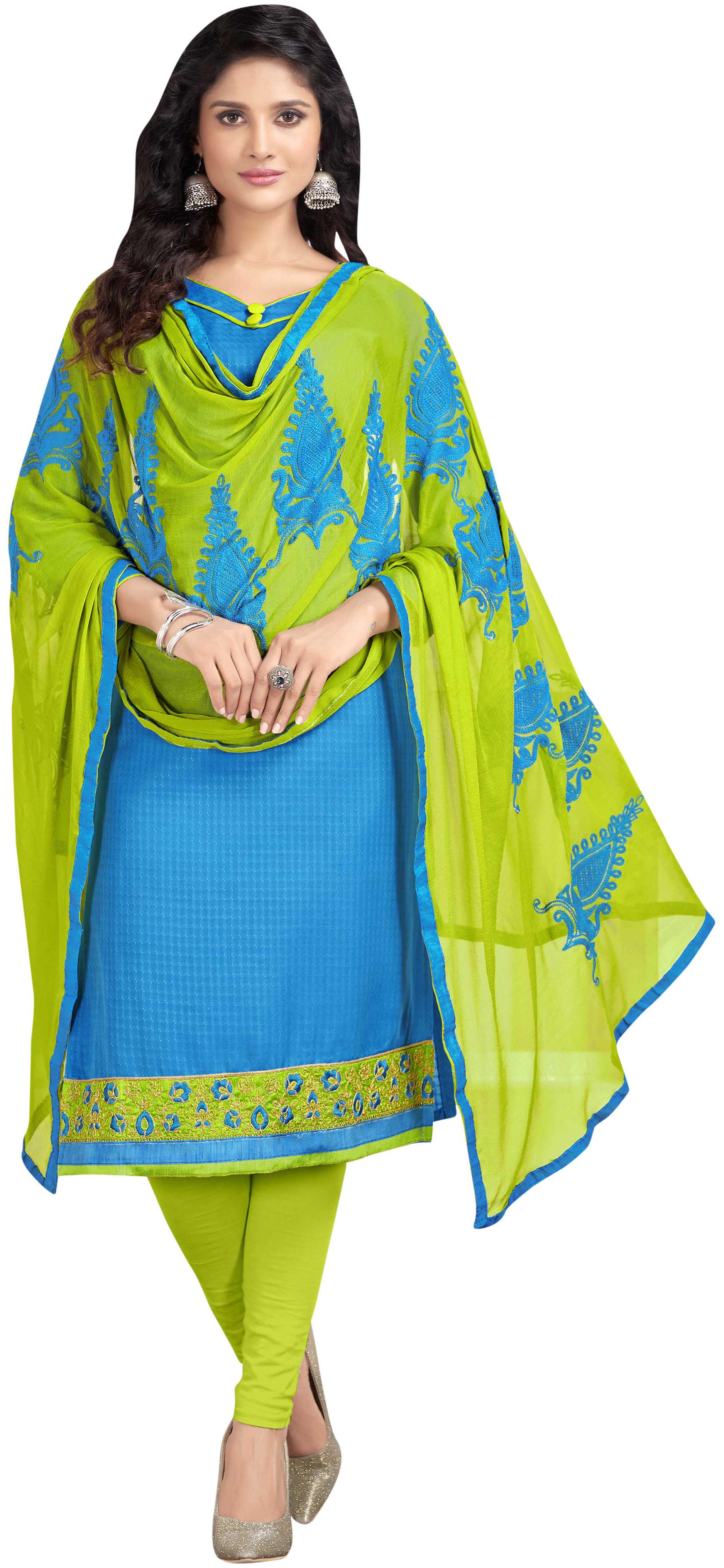 

Manvaa Women Blue Embroidered Cotton Dress Material