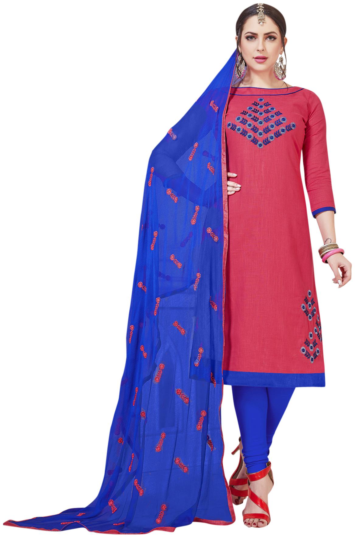

Manvaa Women Pink Embroidered Cotton Dress Material