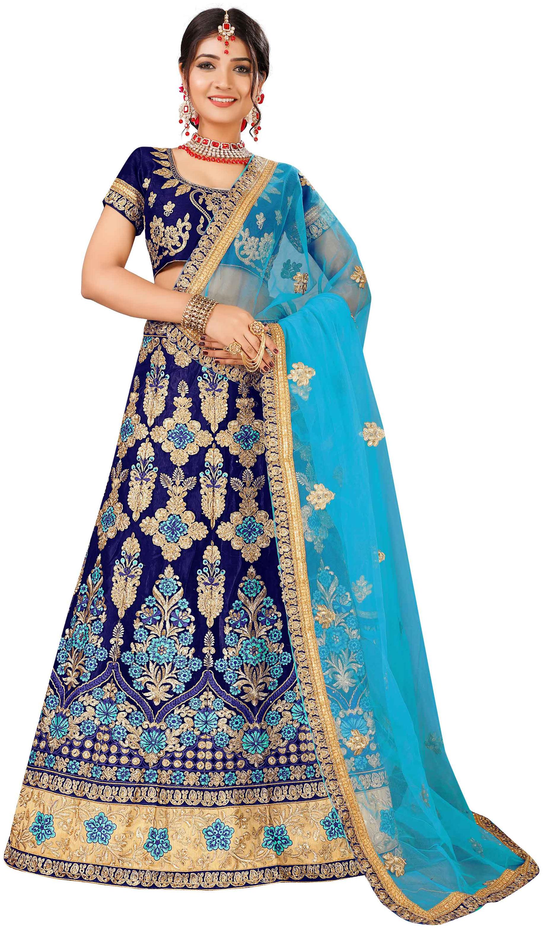 

MANVAA Women Net Semistiched Embroidered Blue Lehenga Choli