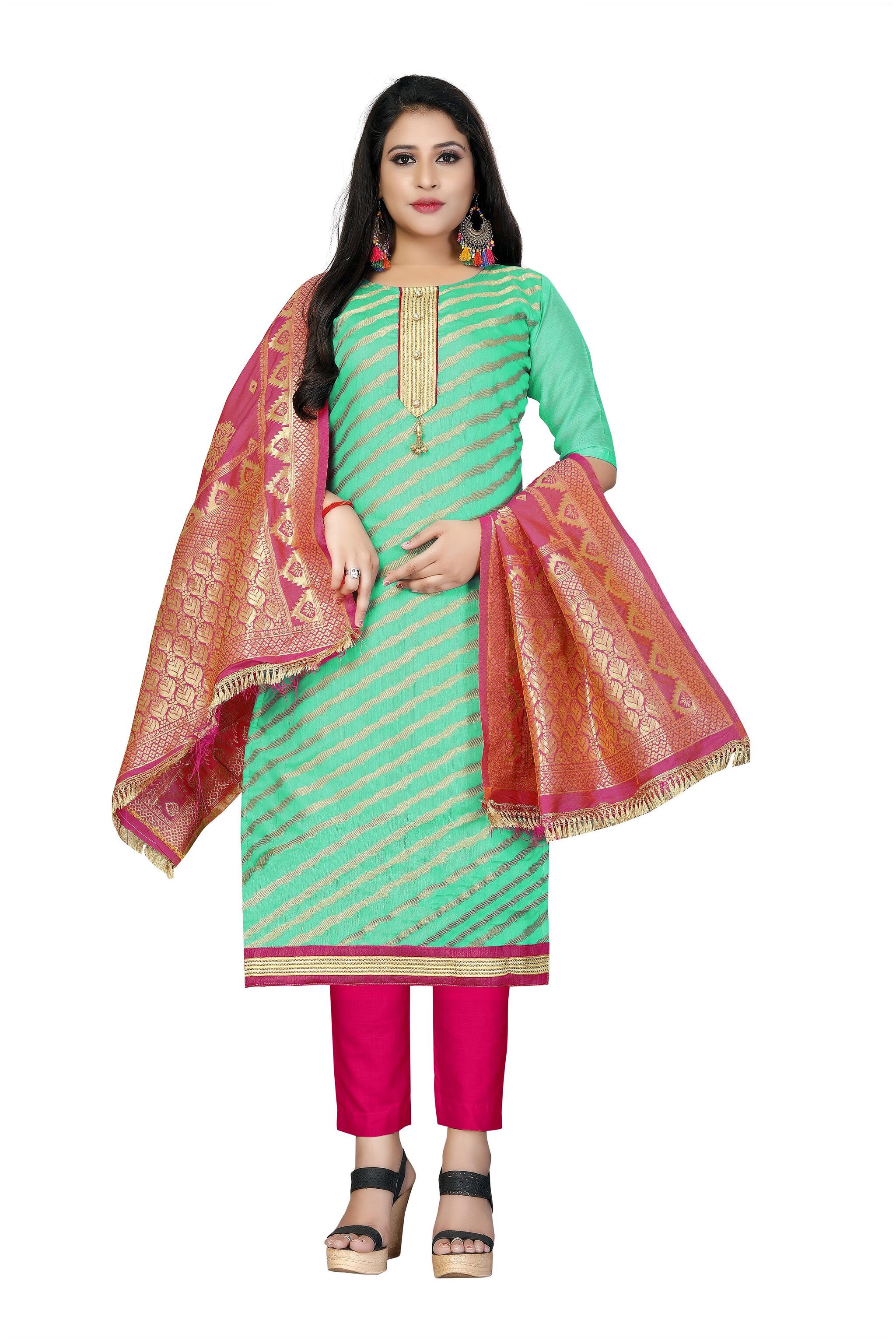 

Manvaa Women Green Woven Banarasi Jacquard Dress Material