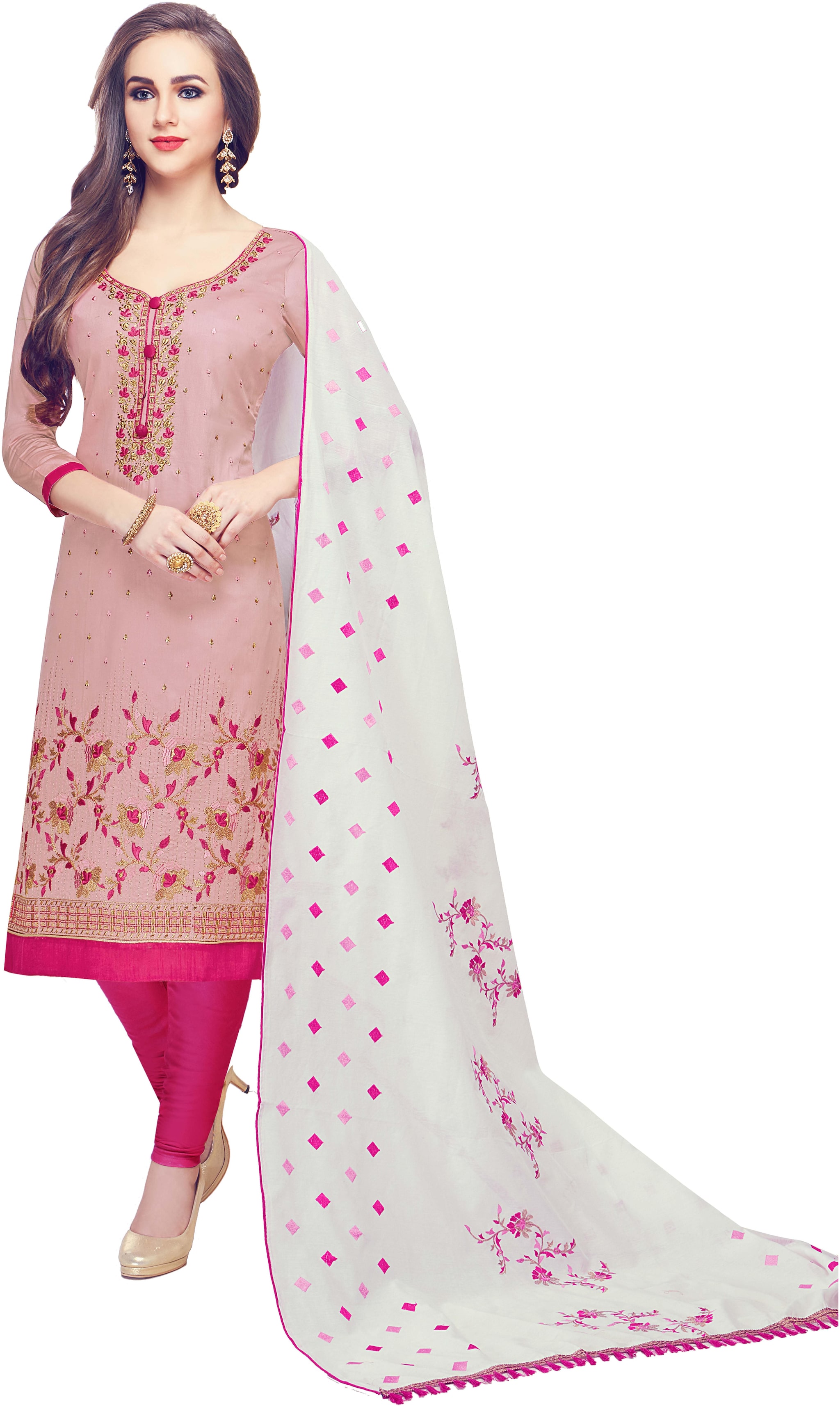 

Manvaa Women Pink Embroidered Cotton Dress Material