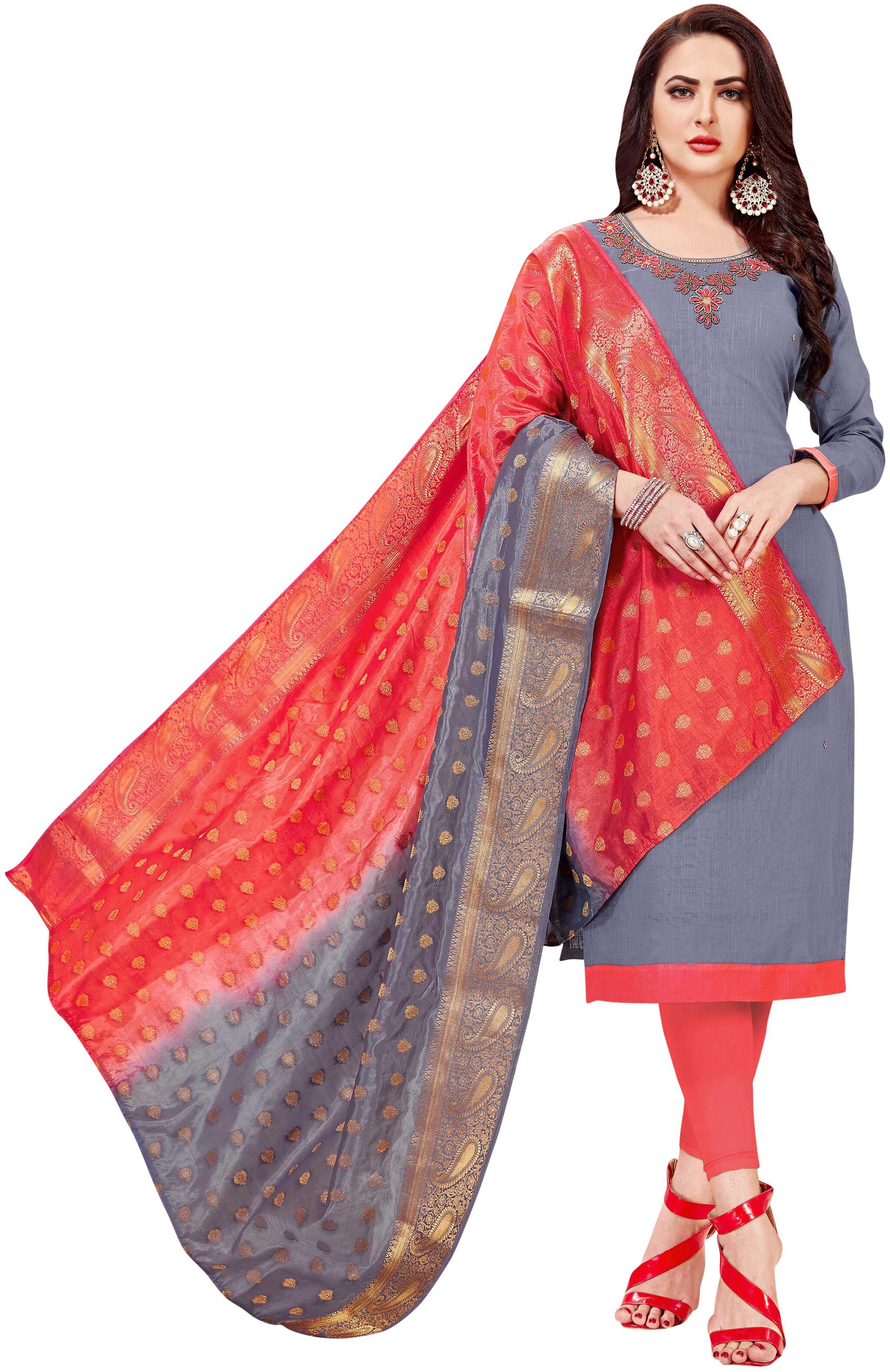 

Manvaa Women Grey Embroidered Cotton Dress Material