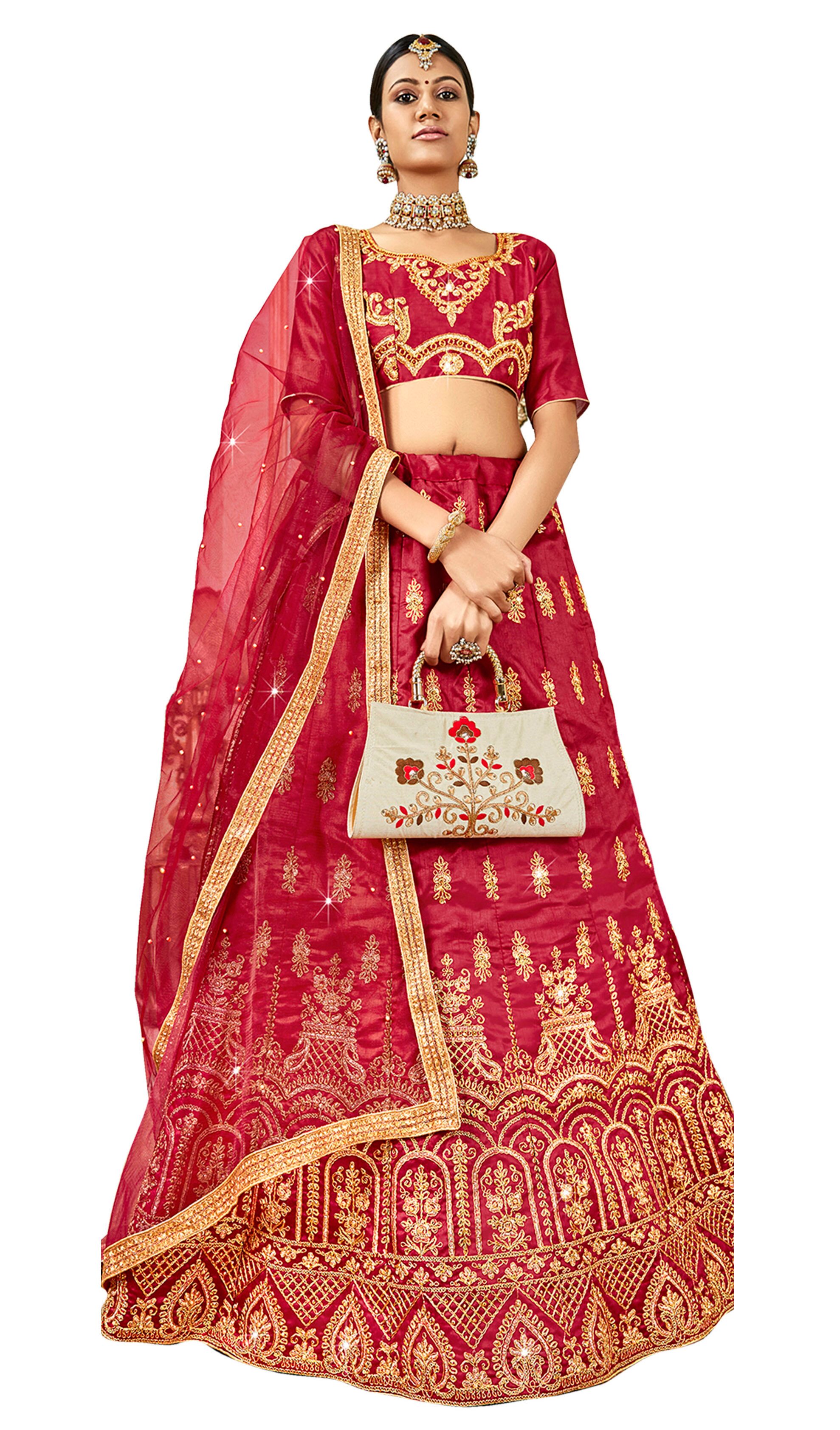 

MANVAA Women Silk Embroidered Maroon Lehenga Choli