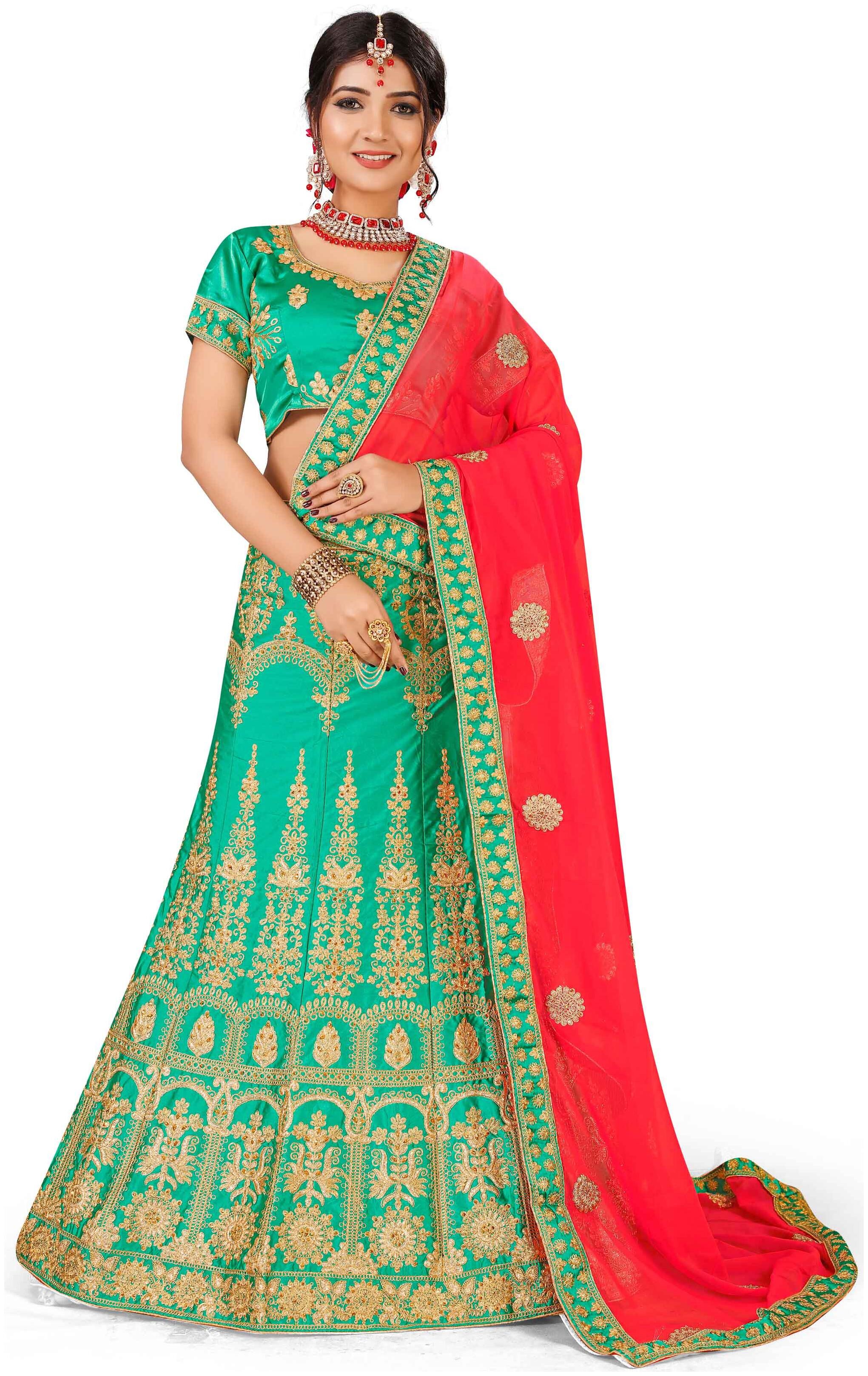 

MANVAA Women Silk Semistiched Embroidered Green Lehenga Choli