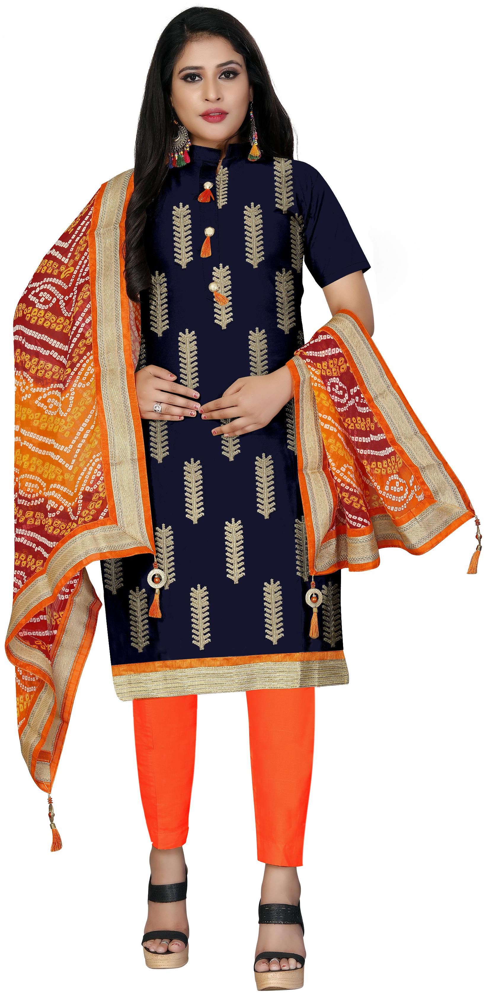 

Manvaa Women Blue Embroidered Cotton Dress Material