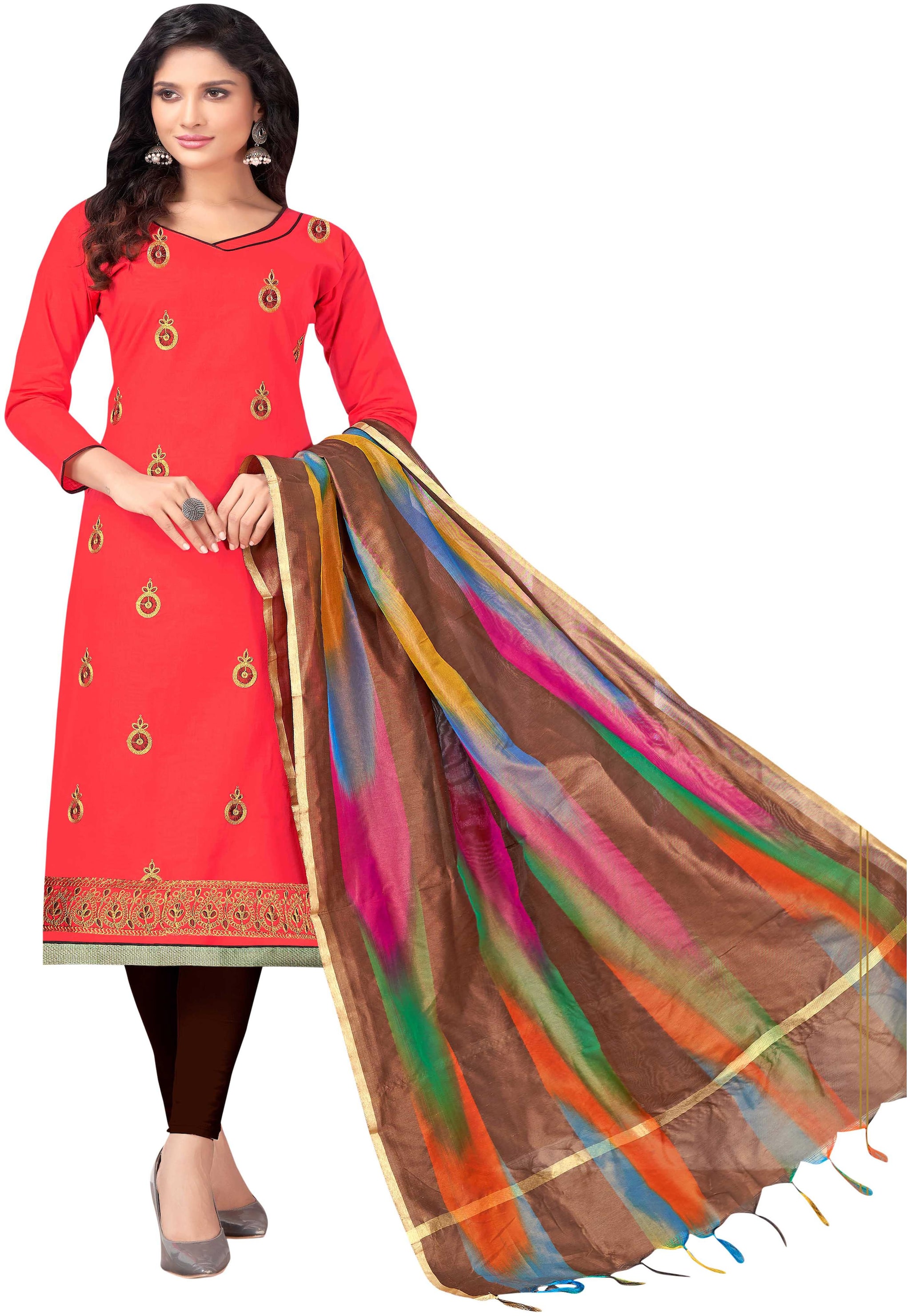 

Manvaa Women Pink Embroidered Cotton Dress Material