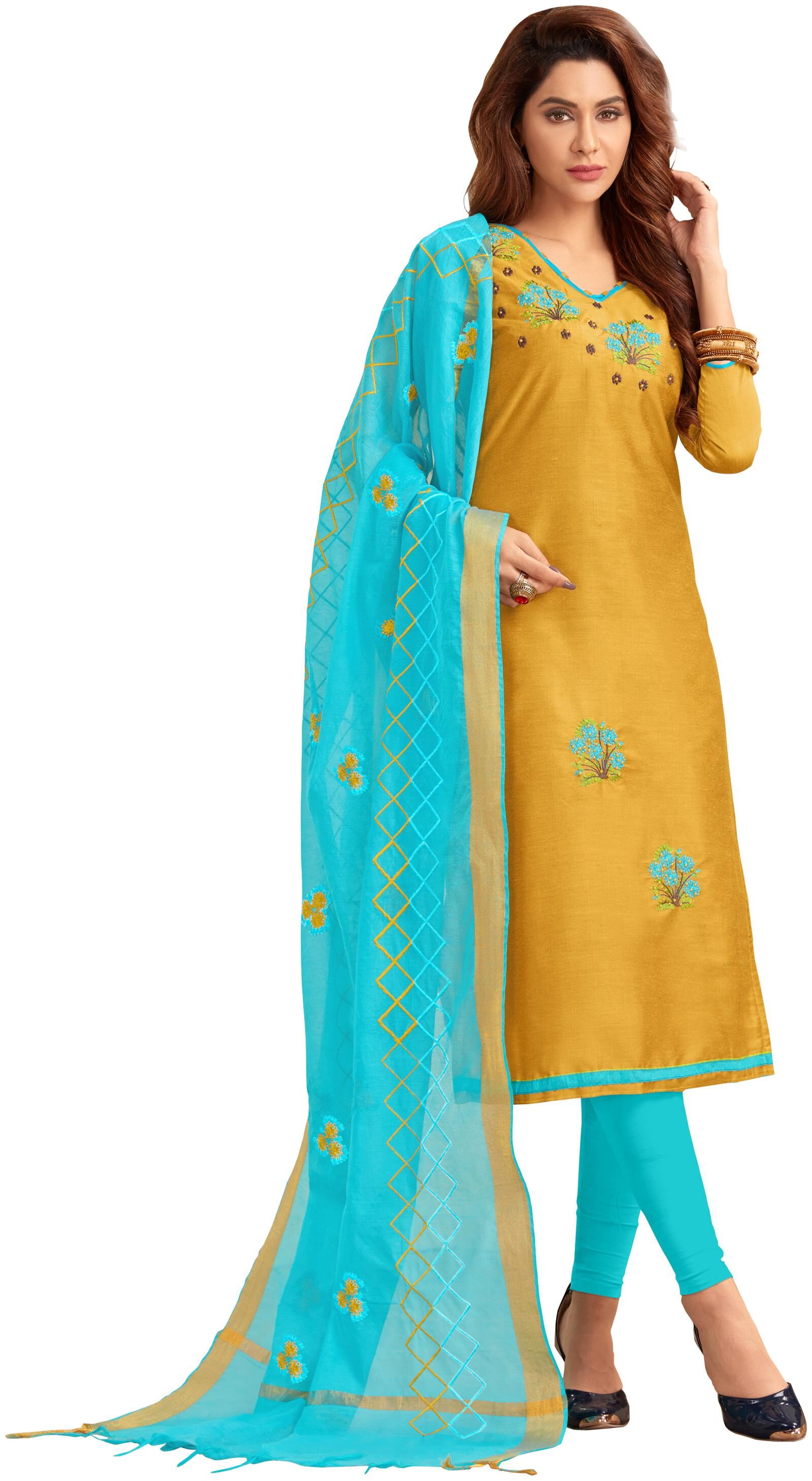 

Manvaa Women Yellow Embroidered Cotton Dress Material